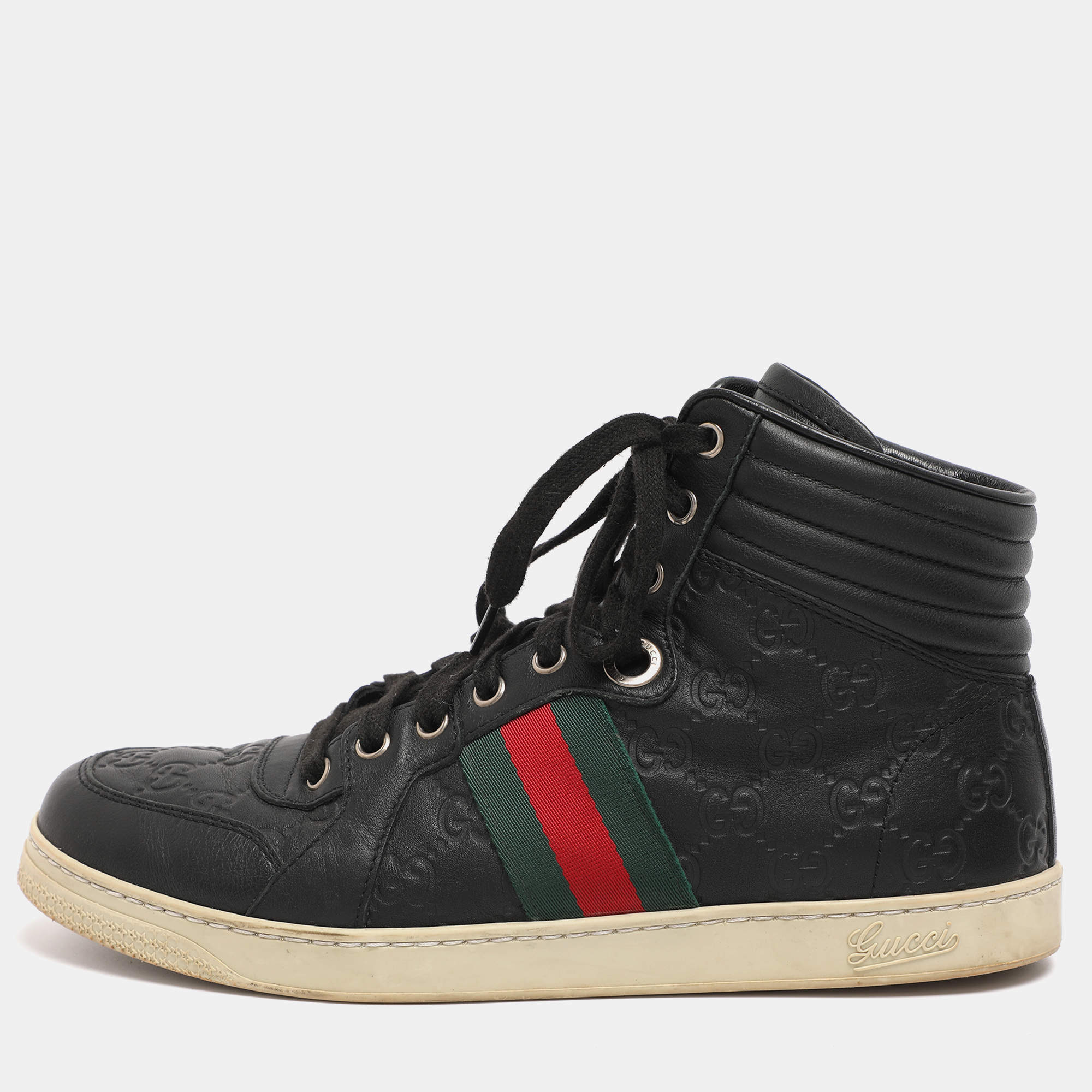 Pre Owned Gucci Black Guccissima Leather Web Detail High-Top Sneakers  Size 40.5