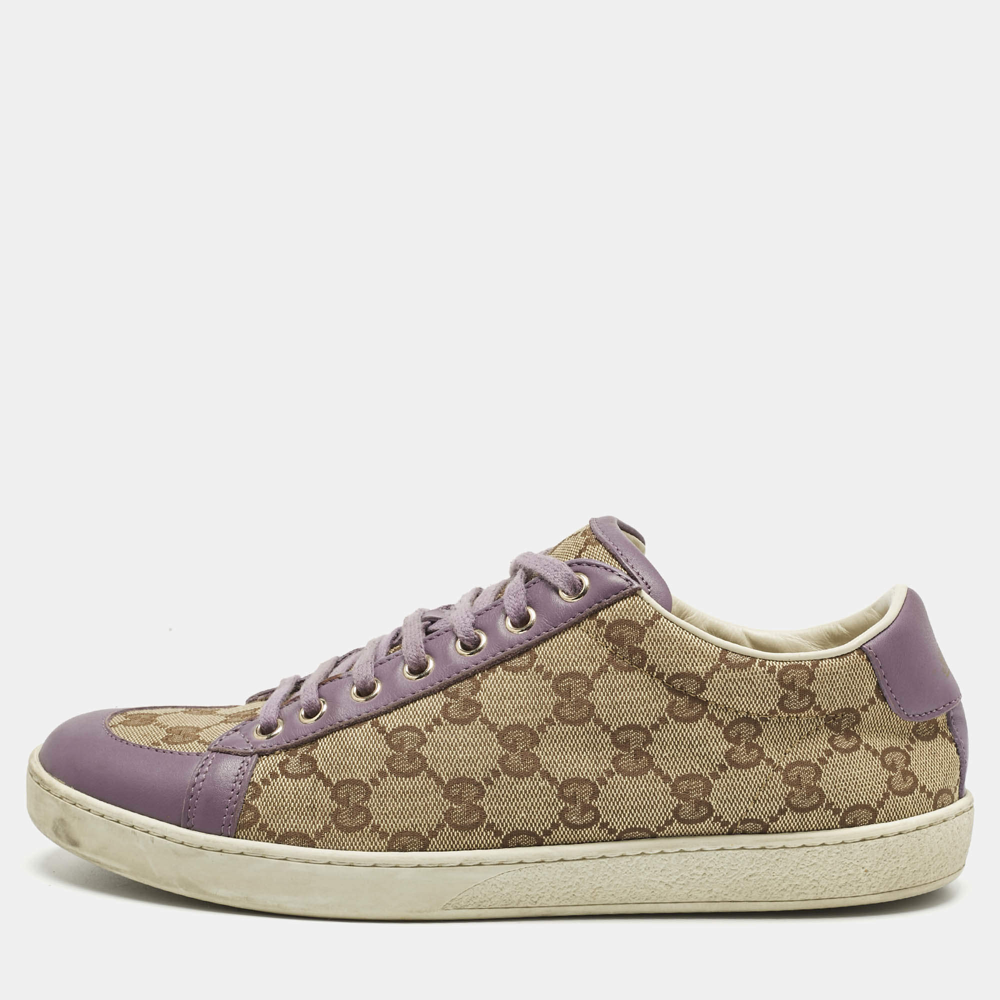 Pre Owned Gucci Beige/Purple Canvas and Leather Guccissima Lace Up Sneakers Size 41