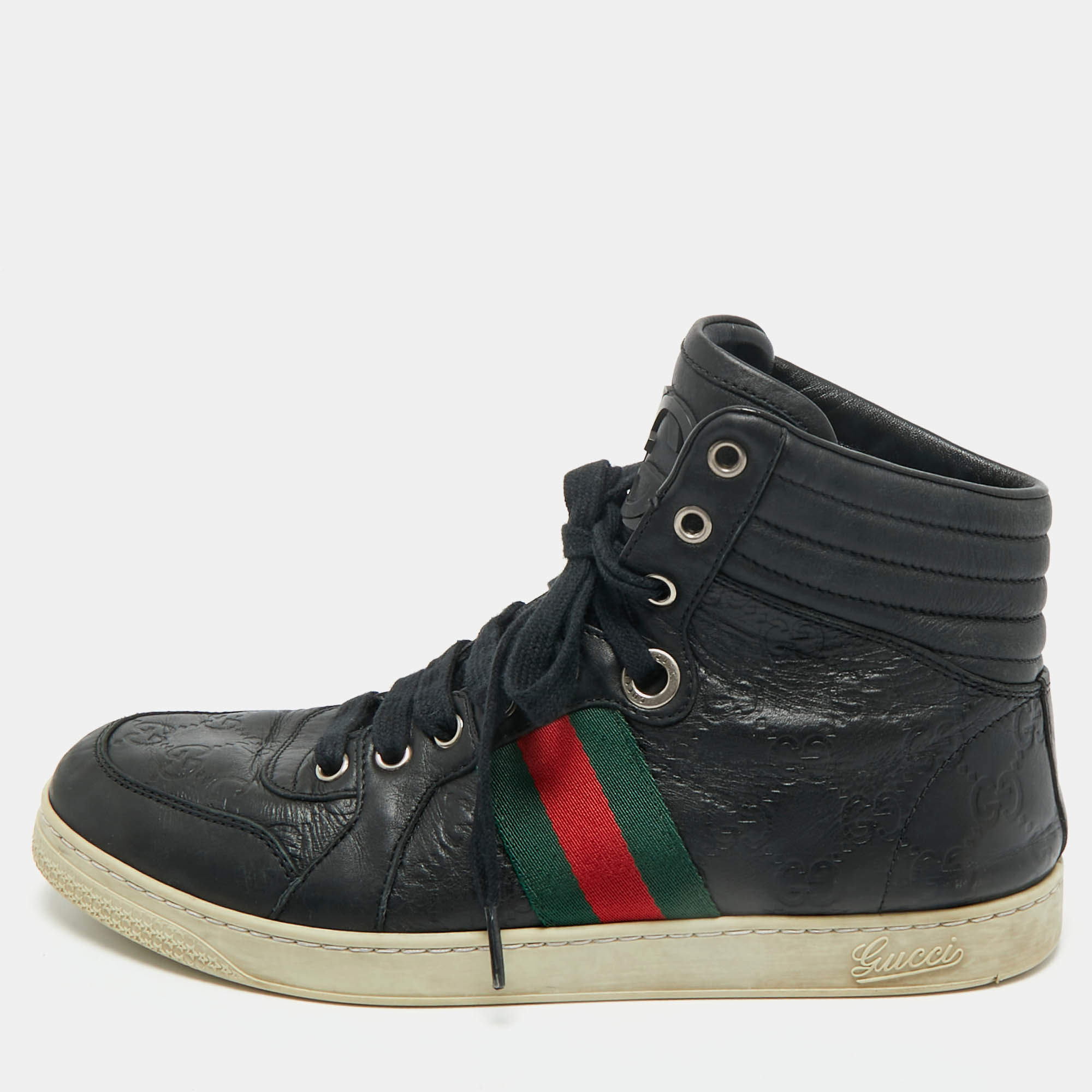 Pre Owned Gucci Black Guccissima Leather Web Detail High-Top Sneakers Size 40