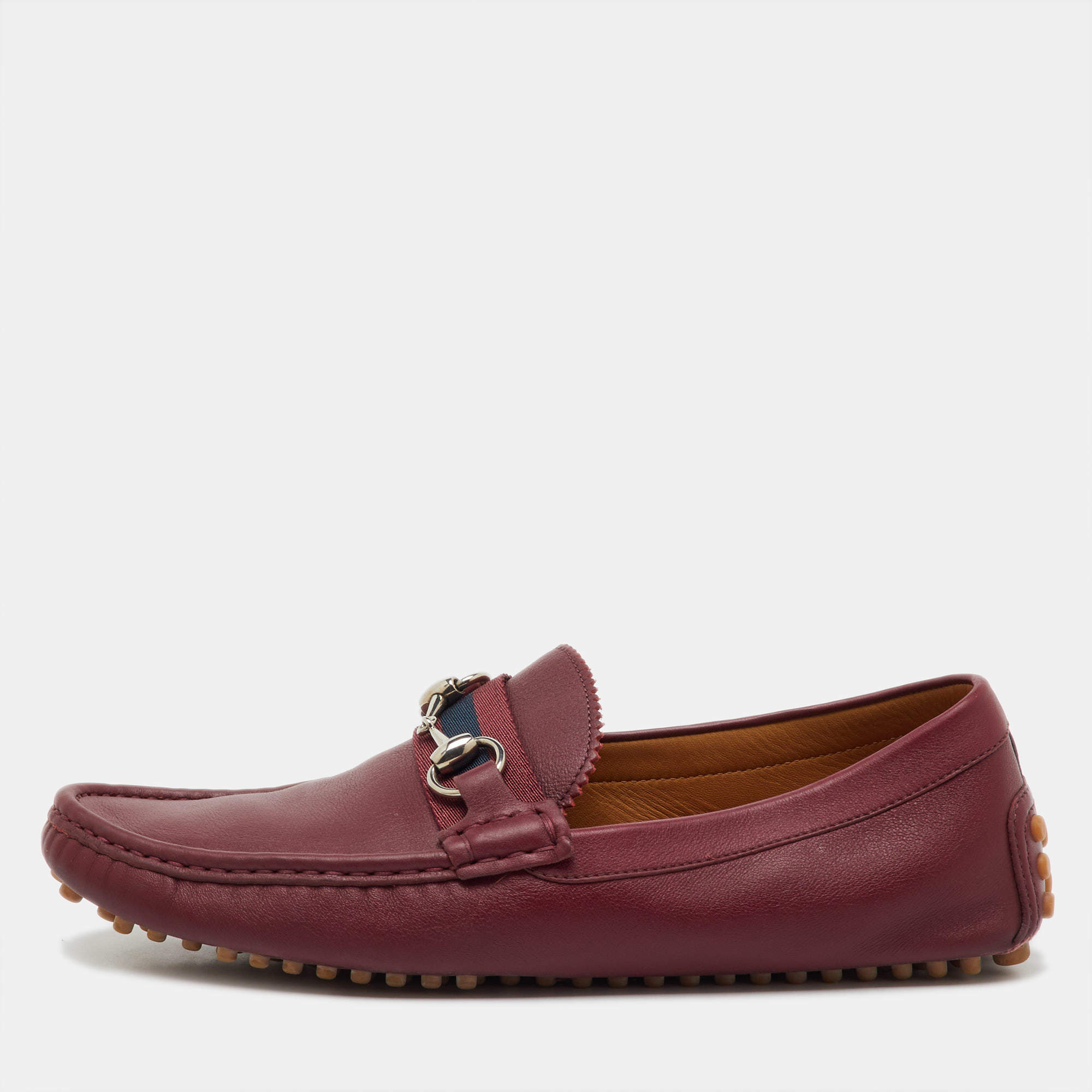 Pre Owned Gucci Burgundy Leather Web Horsebit Slip On Loafers Size 41
