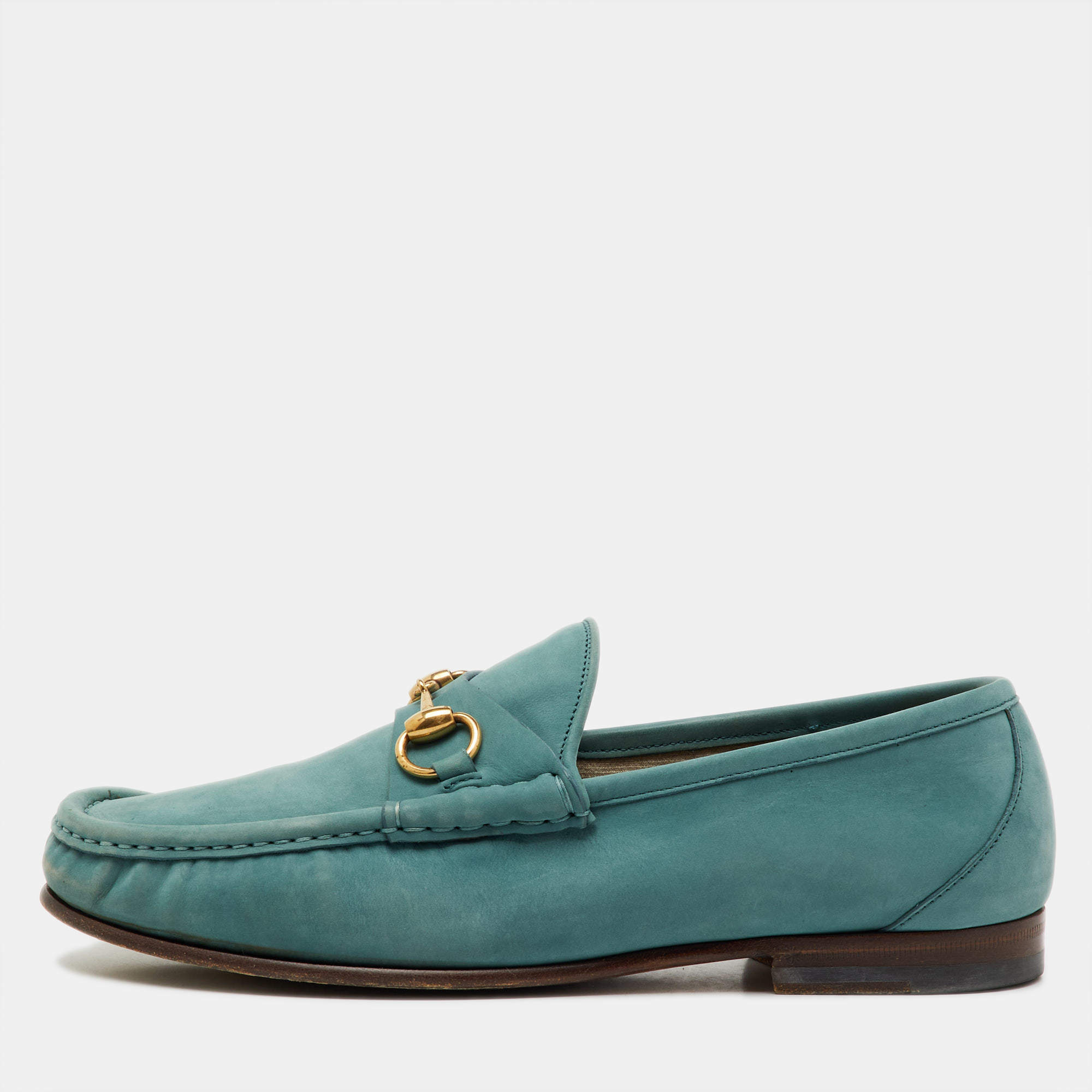 Pre Owned Gucci Sea Green Nubuck Leather 1953 Horsebit Slip On Loafers Size 41