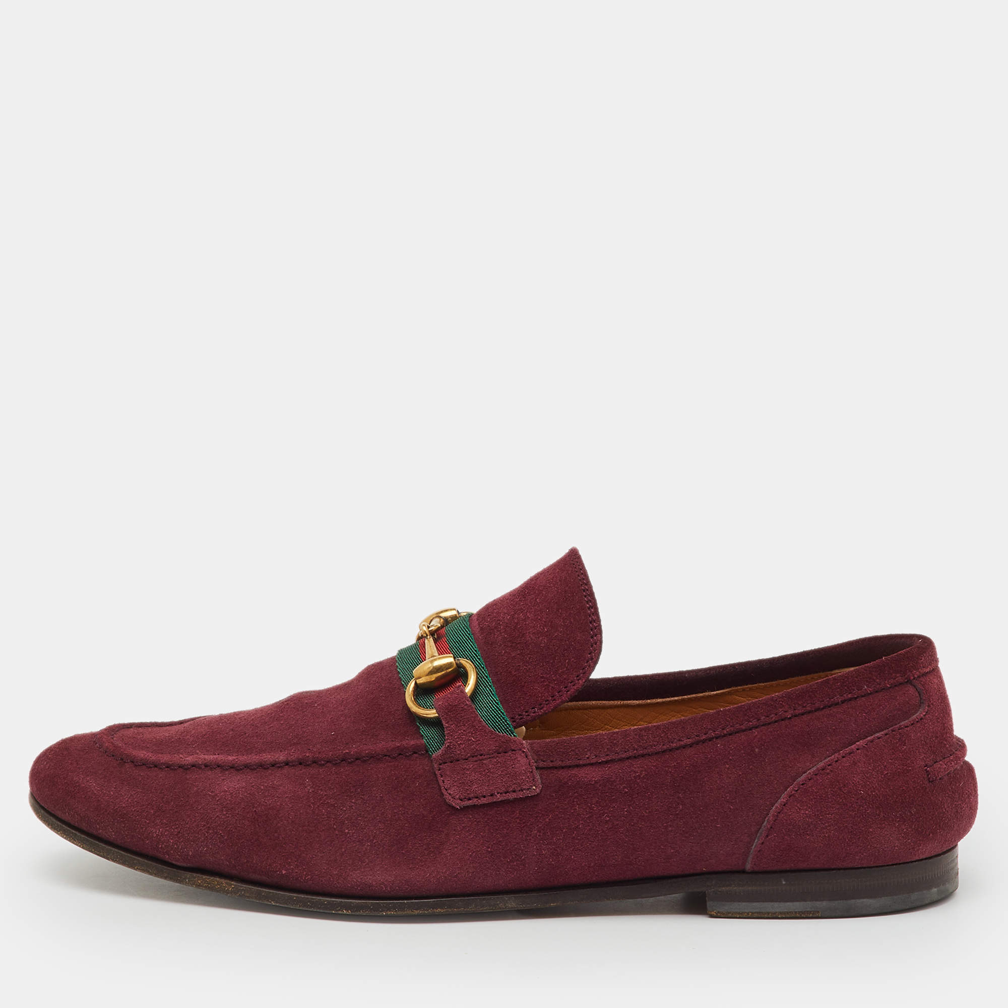 Pre Owned Gucci Burgundy Suede Web Horsebit Slip On Loafers Size 41