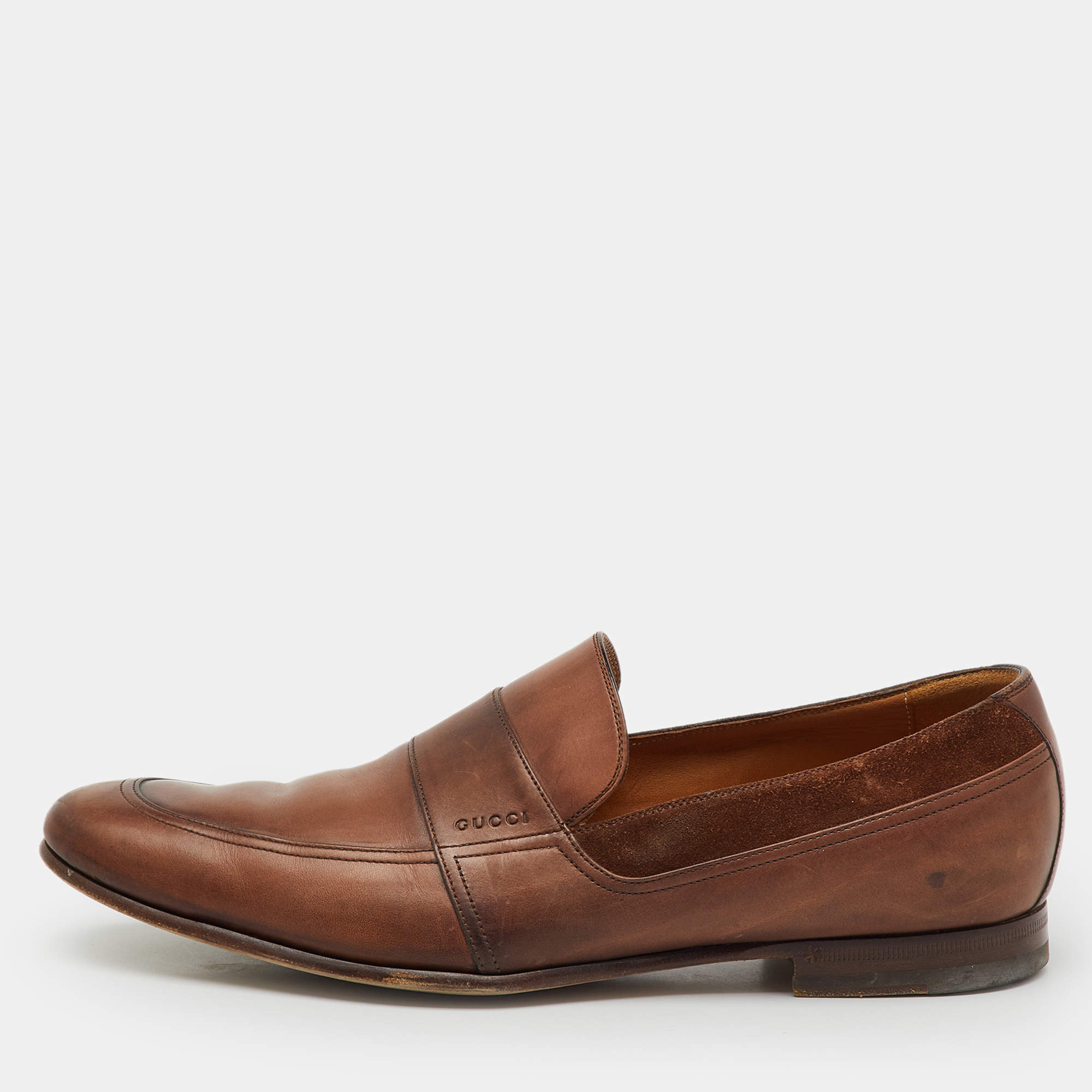 Pre Owned Gucci Brown Leather and Suede Slip On Penny Loafers Size 41