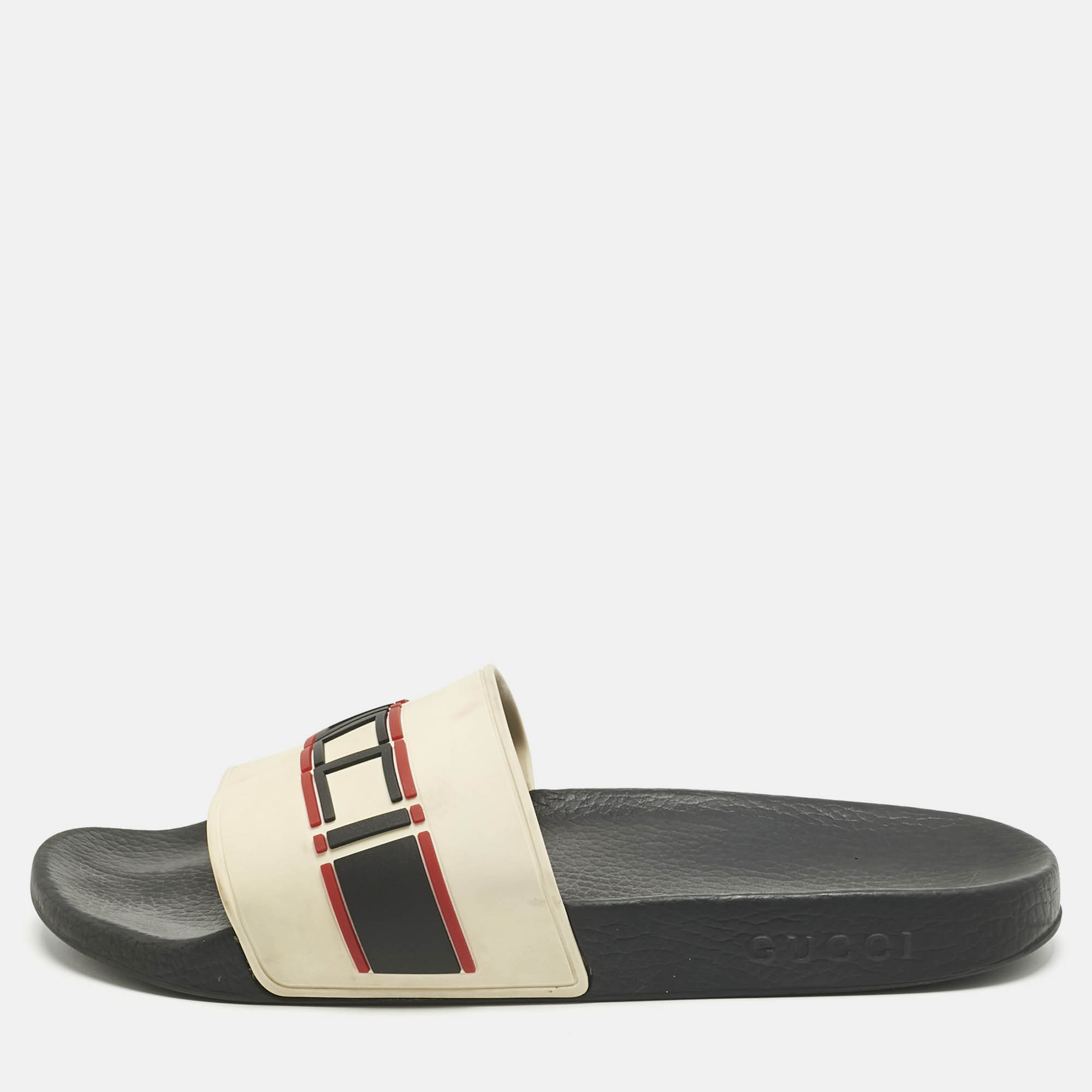 Pre Owned Gucci Cream Rubber Logo Pool Slides Size 44