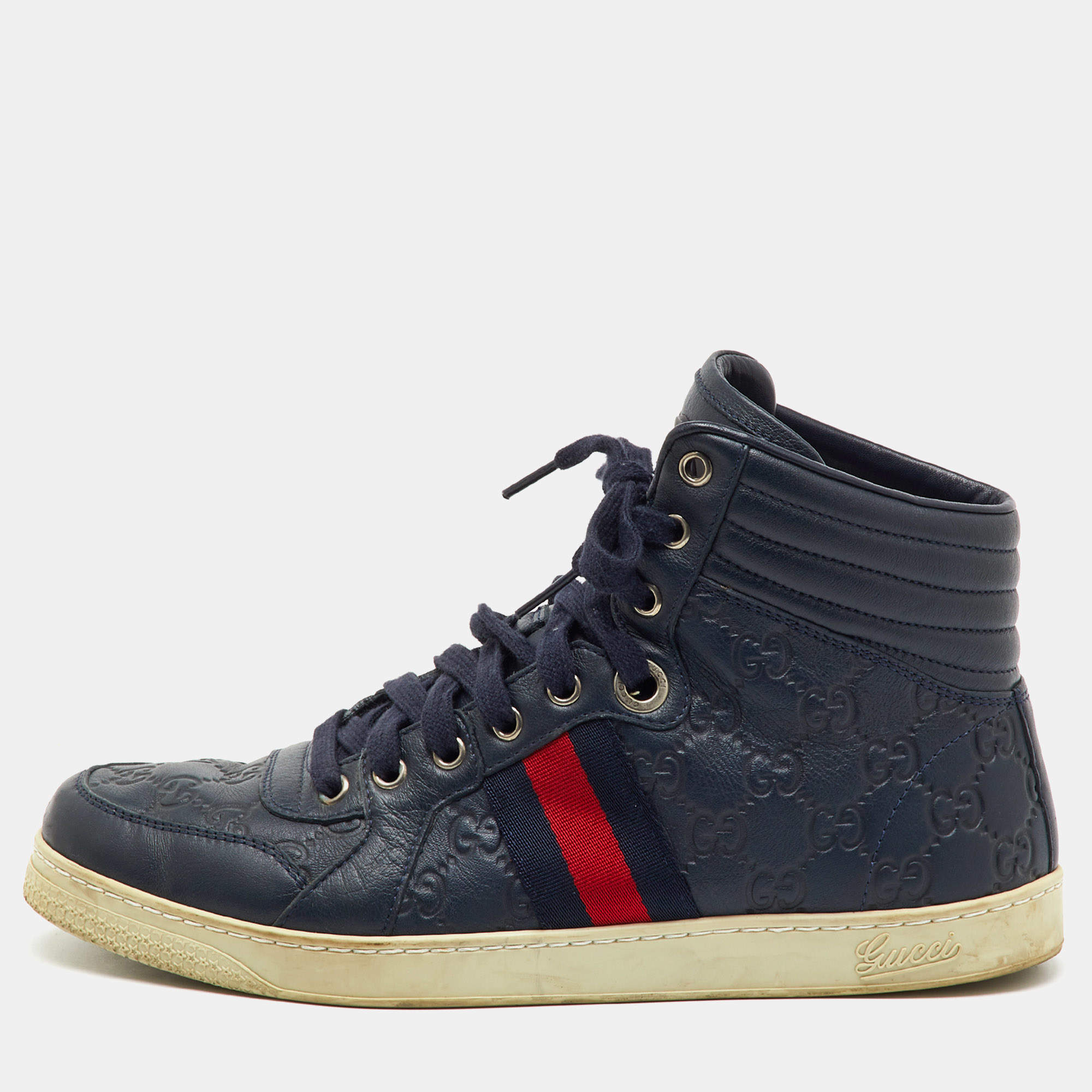Pre Owned Gucci Navy Blue Guccissima Leather Web Detail High Top Sneakers Size 41.5