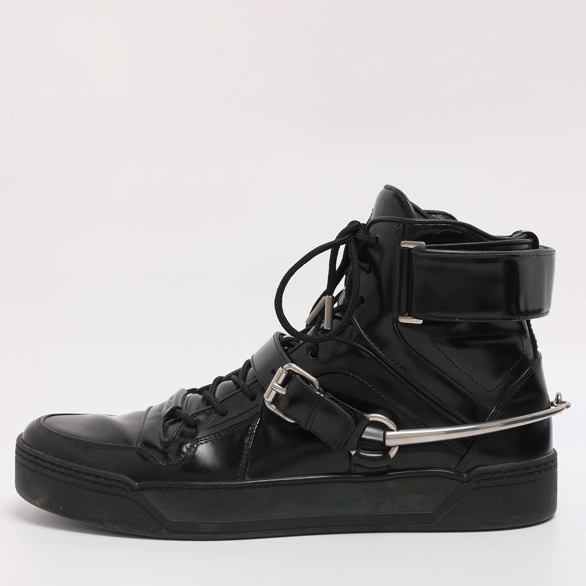 Pre Owned Gucci Black Leather Magnum High Top Sneakers Size 44.5