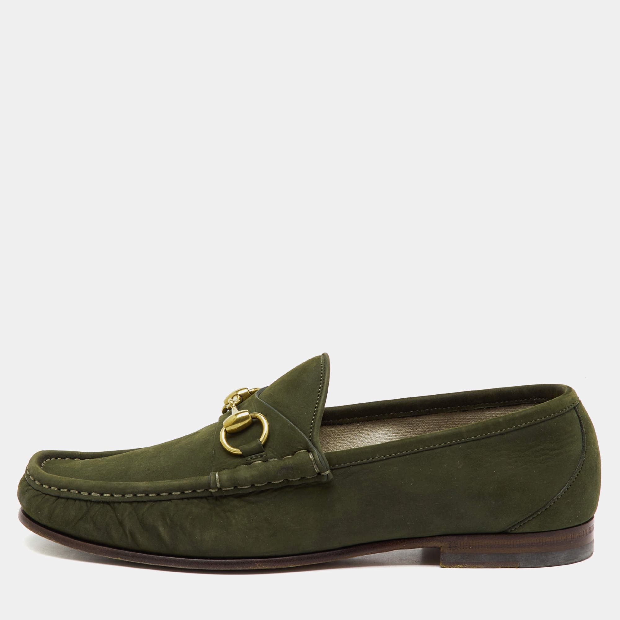 Pre Owned حذاء لوفر غوتشي سليپ أون جلد نوبيك أخضر هورسبيت ١٩٥٣ مقاس ٤١