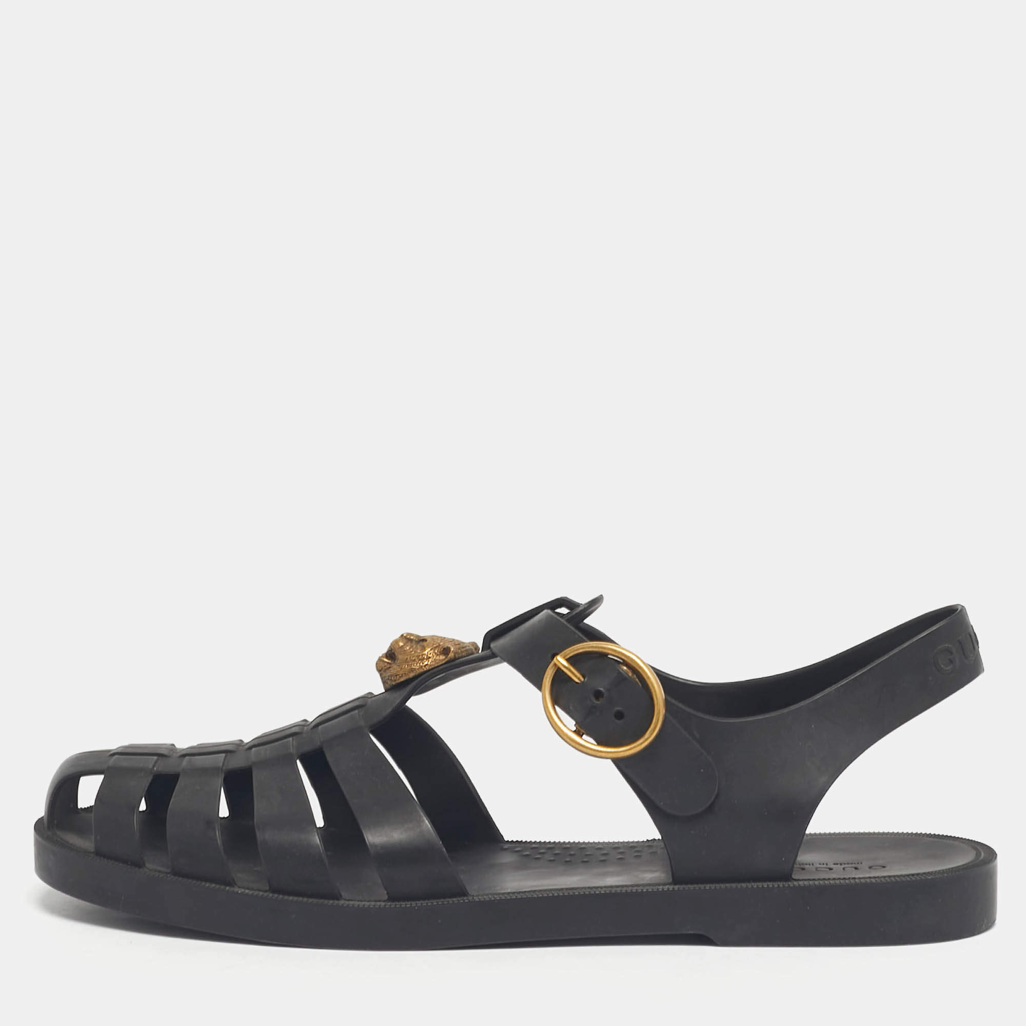 Pre Owned Gucci Black Rubber Tiger Head Flat Sandals Size 39