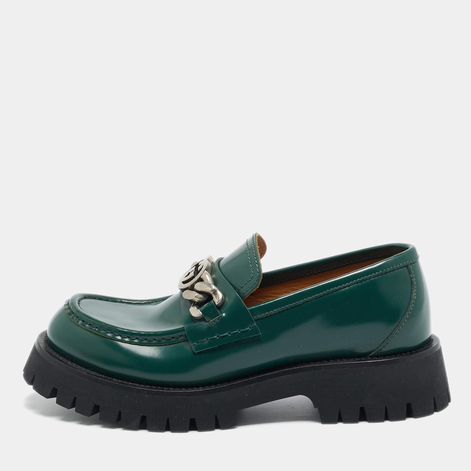 Pre Owned Gucci Green Leather Interlocking G Chain Loafers Size 41.5