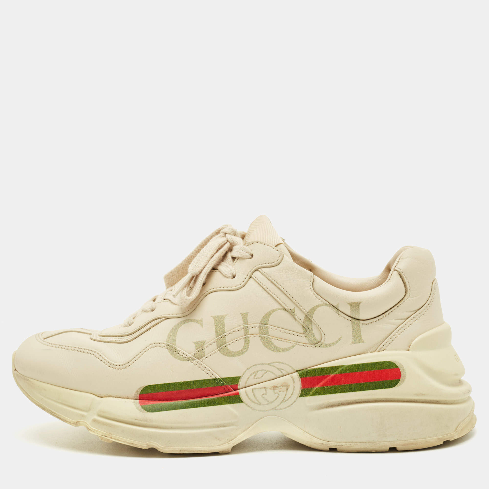 Pre Owned Gucci Cream Leather Rhyton Lace Up Sneakers Size 39.5