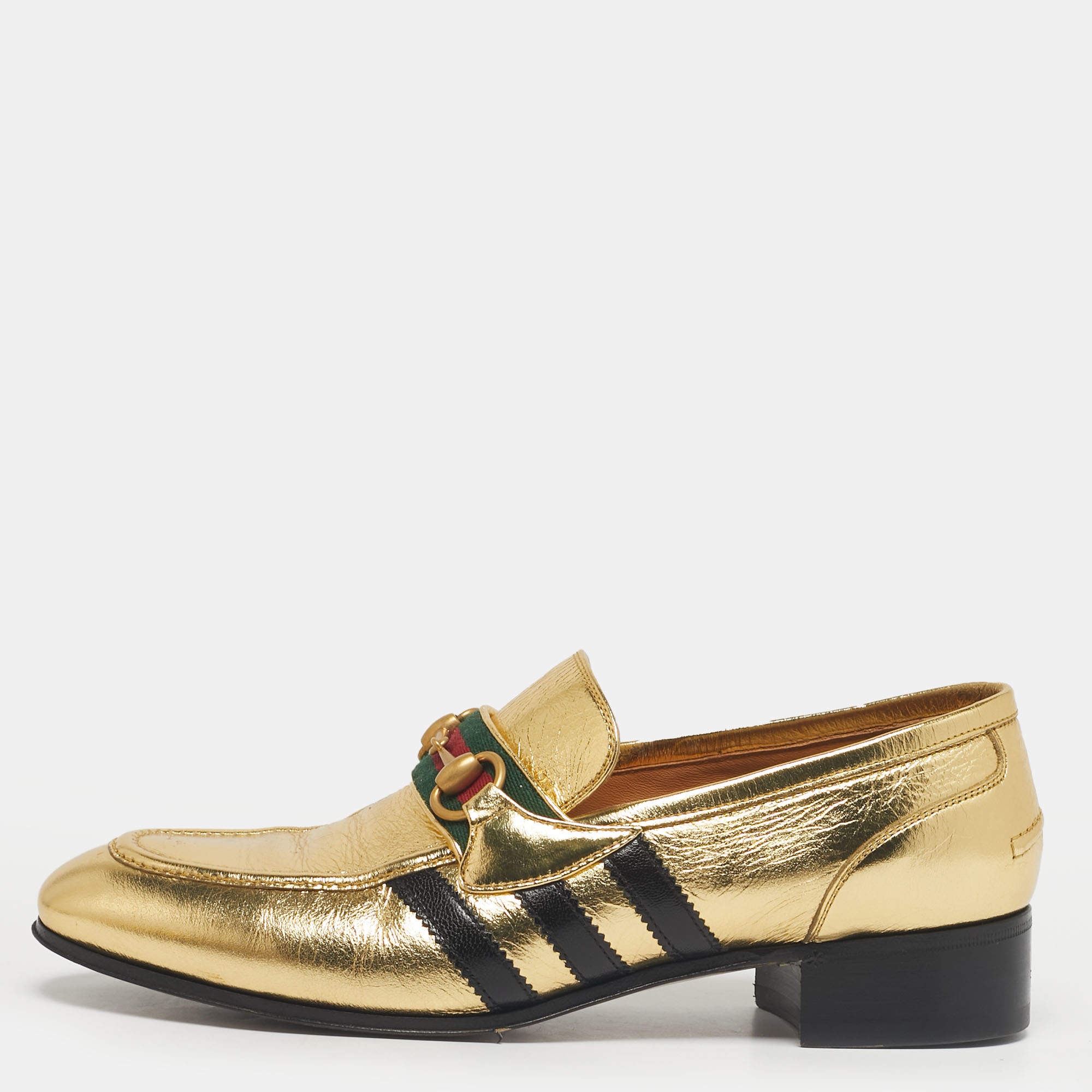 Pre Owned Gucci Gold Leather Horsebit Web Loafers Size 42
