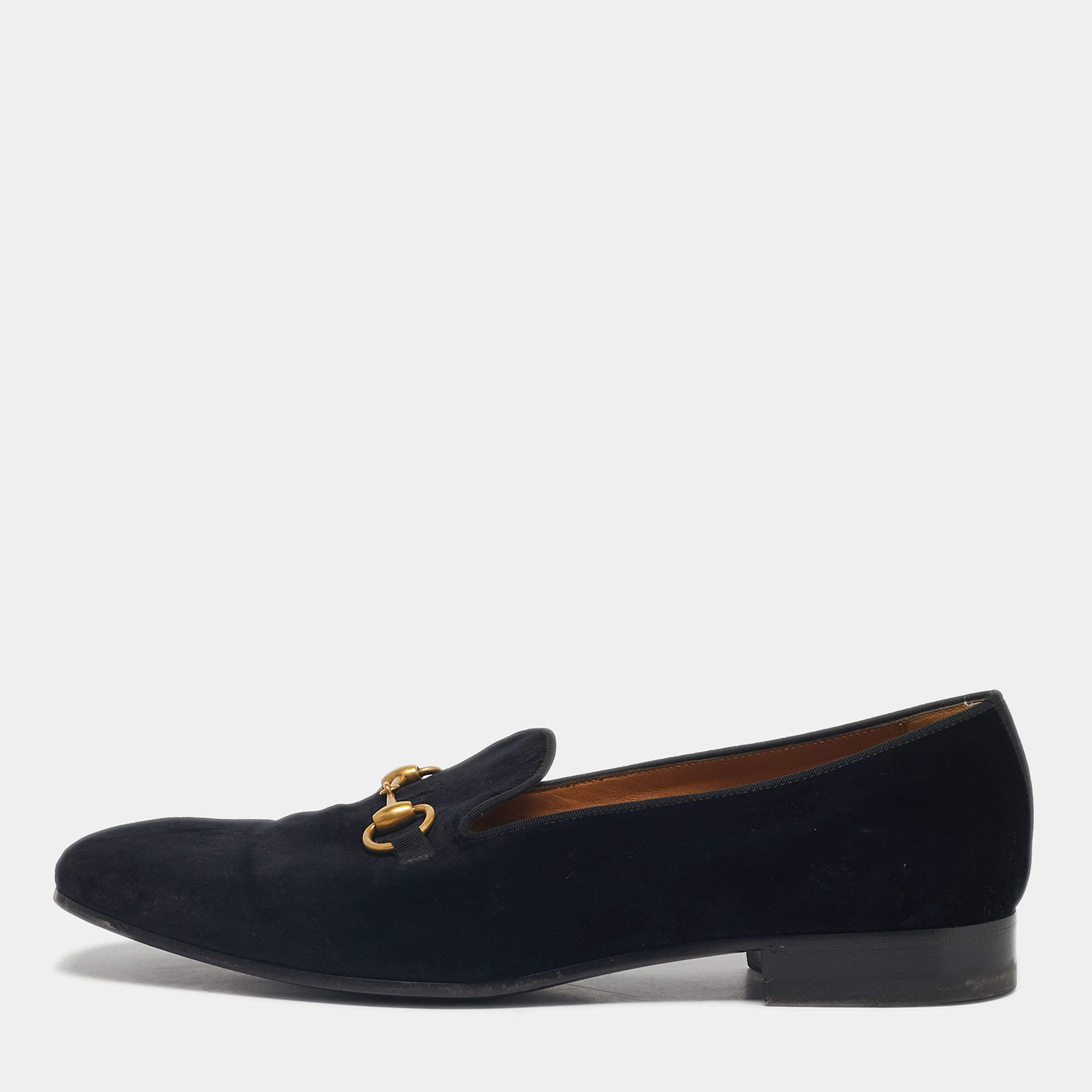 Pre Owned Gucci Black Velvet Horsebit Slip On Loafers Size 44