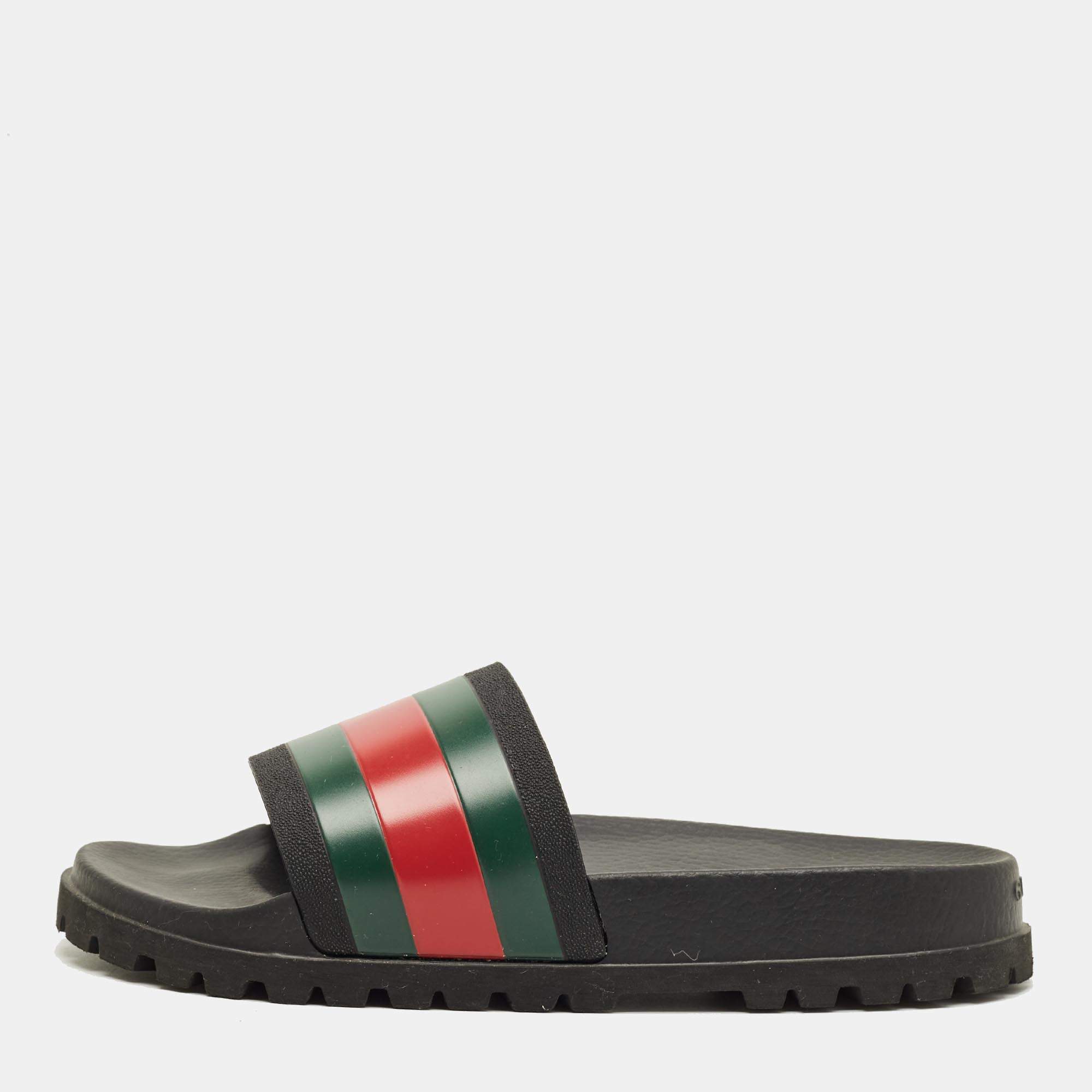 Pre Owned Gucci Black Rubber Web Pool Slides Size 45