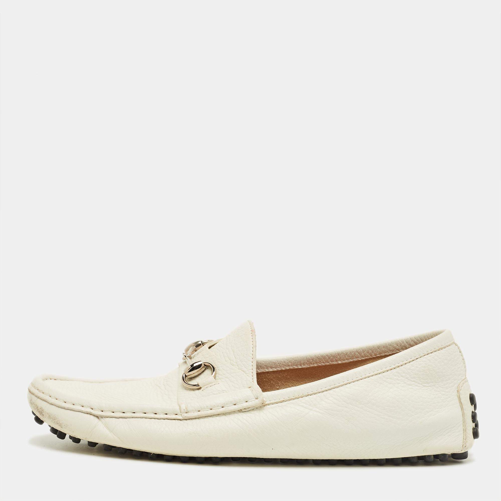 Pre Owned Gucci White Leather Horsebit Slip On Loafers Size 42