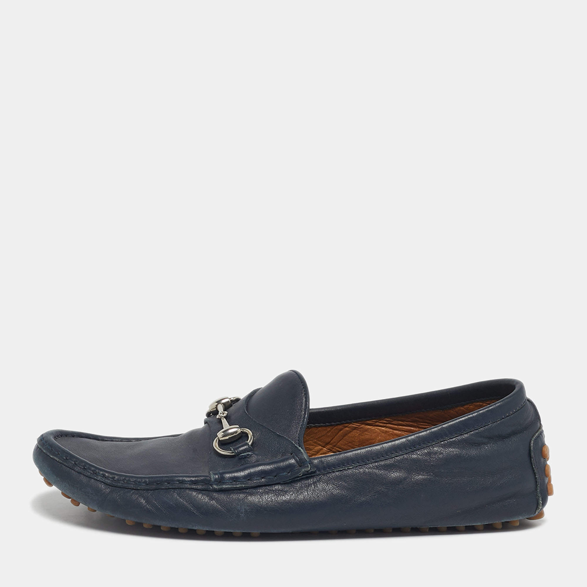 Pre Owned Gucci Navy Blue Leather Horsebit Slip On Loafers Size 42