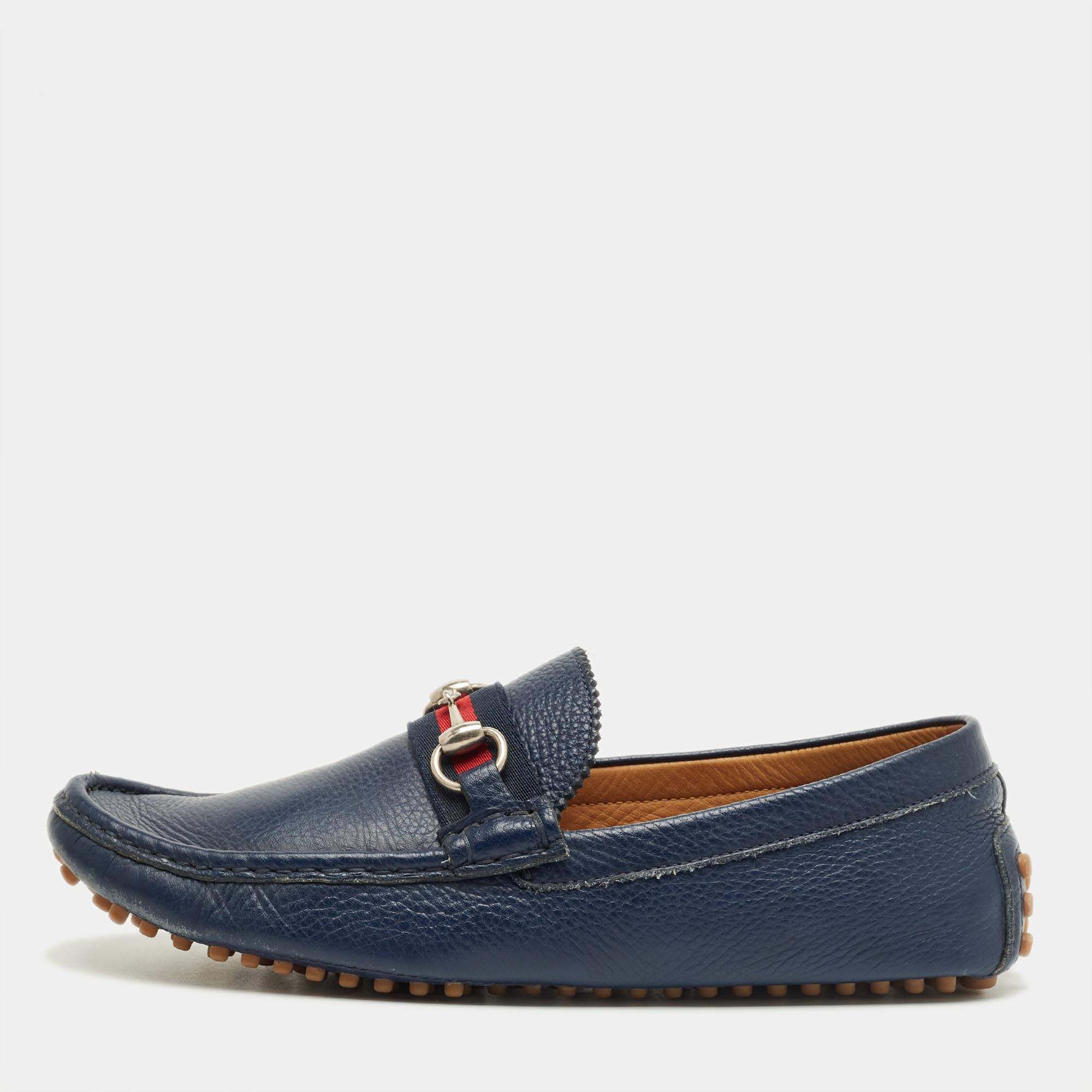 Pre Owned Gucci Navy Blue Leather Web Horsebit Loafers Size 42