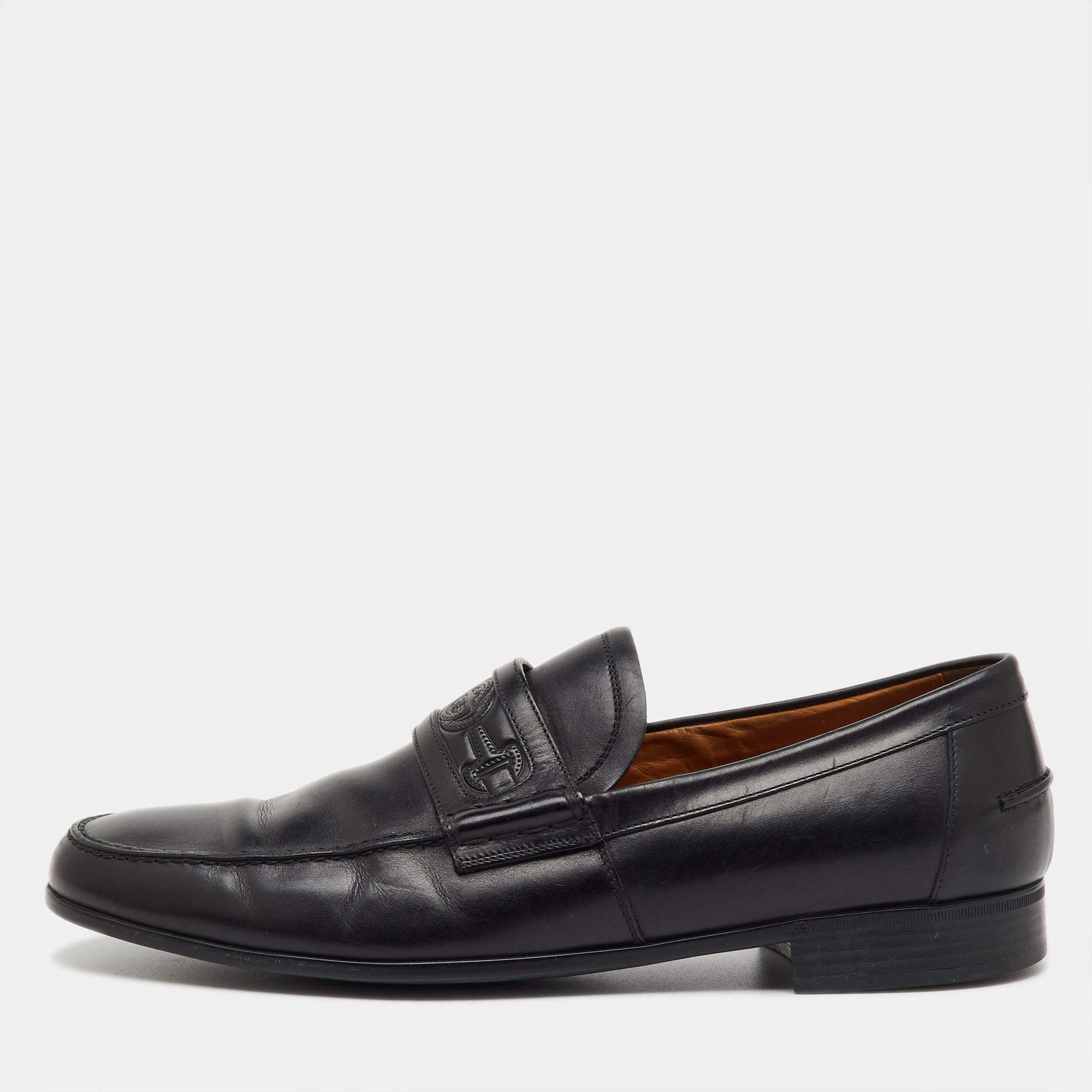 Pre Owned Gucci Black Leather Horsebit Embossed Slip On Loafers Size 40.5