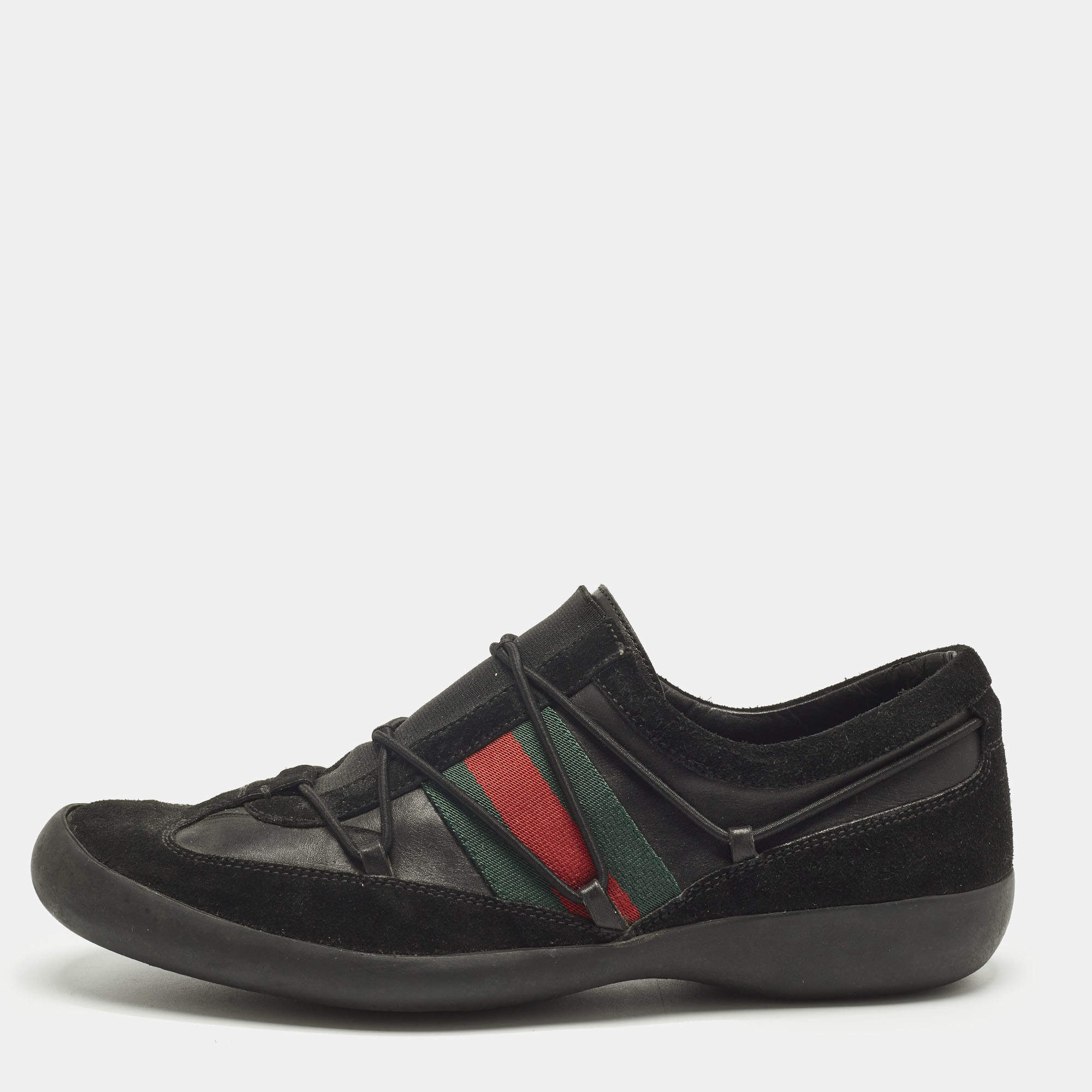 Pre Owned Gucci Black Leather and Suede Elastic Web Vintage Slip On Sneakers Size 42.5