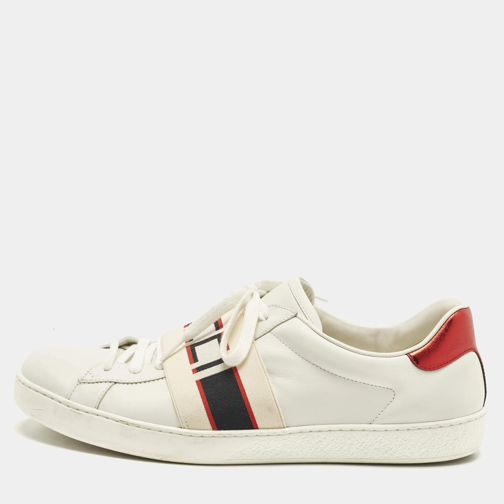 Pre Owned Gucci White Leather New Ace Logo Strap Sneaker Size 44