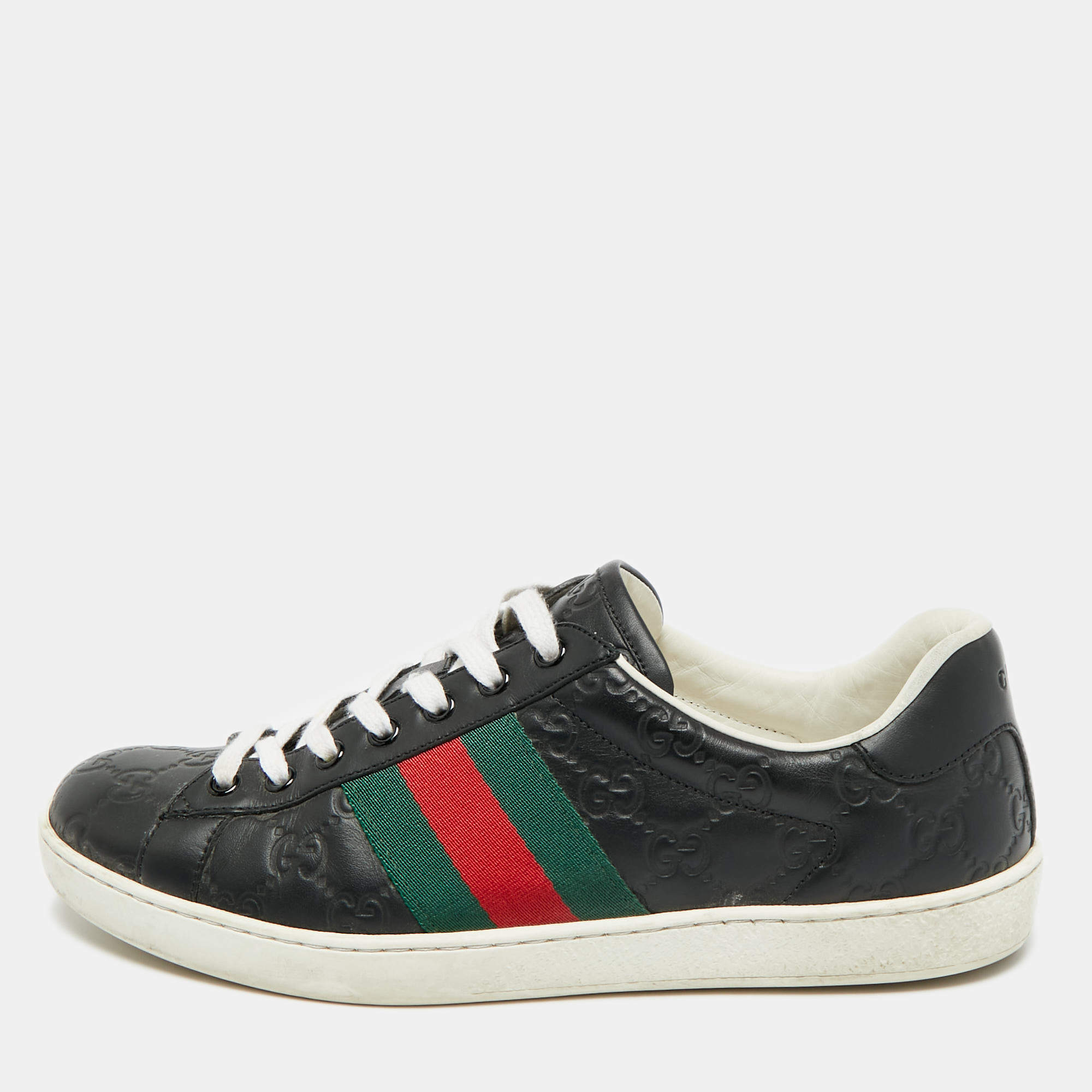 Pre Owned Gucci Ace Web Size 41 Black Guccissima Leather Low Top Sneakers