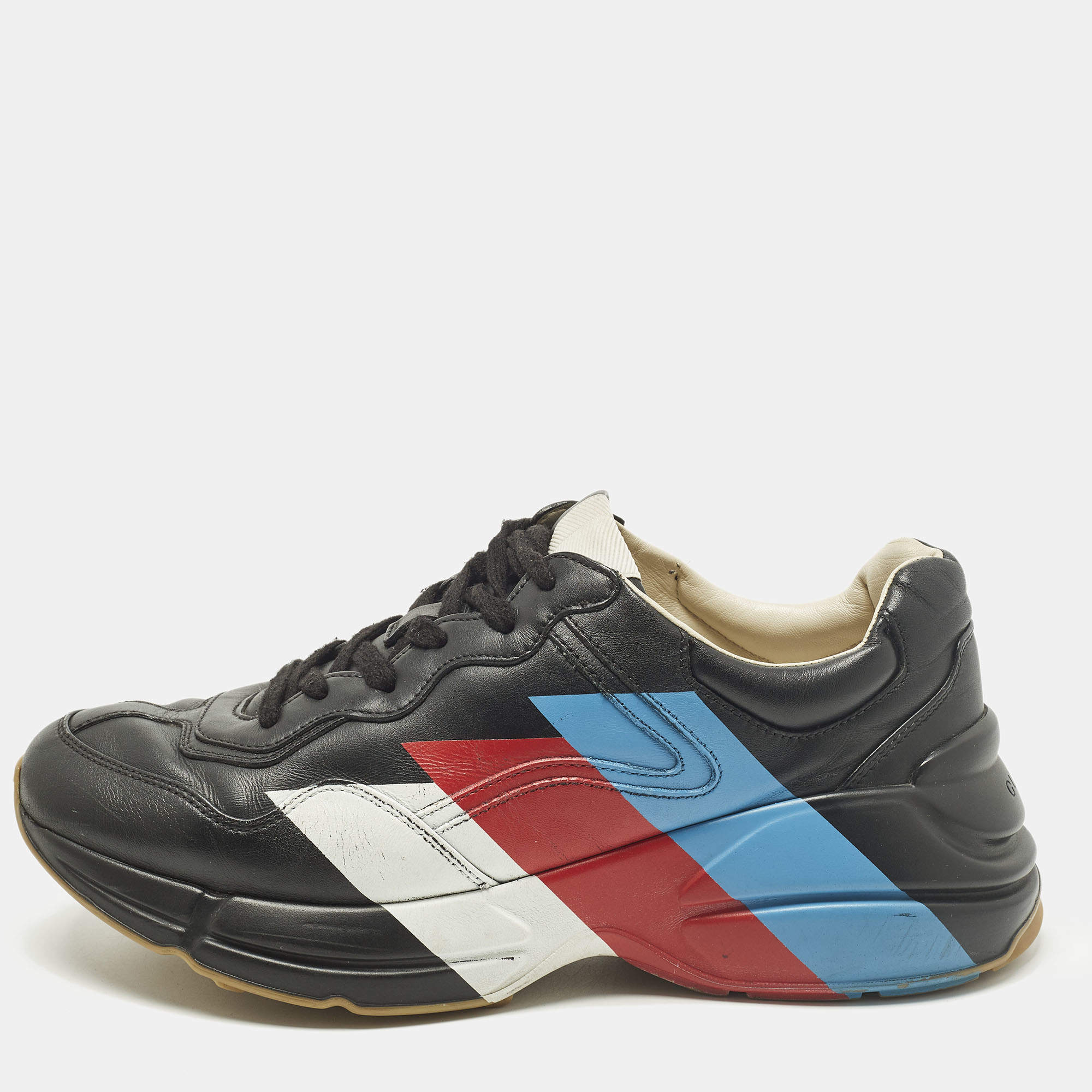 Pre Owned Gucci Rhyton Size 41 Black Leather Low Top Sneakers