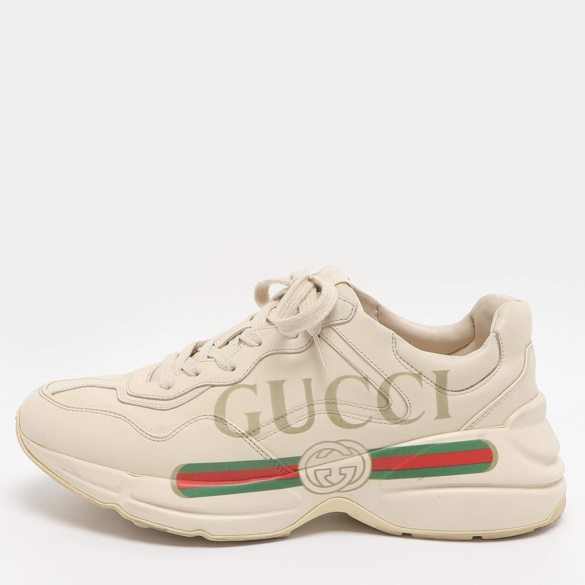 Pre Owned Gucci Rhyton Size 41 Beige Leather Gucci Logo Print Low Top Sneakers
