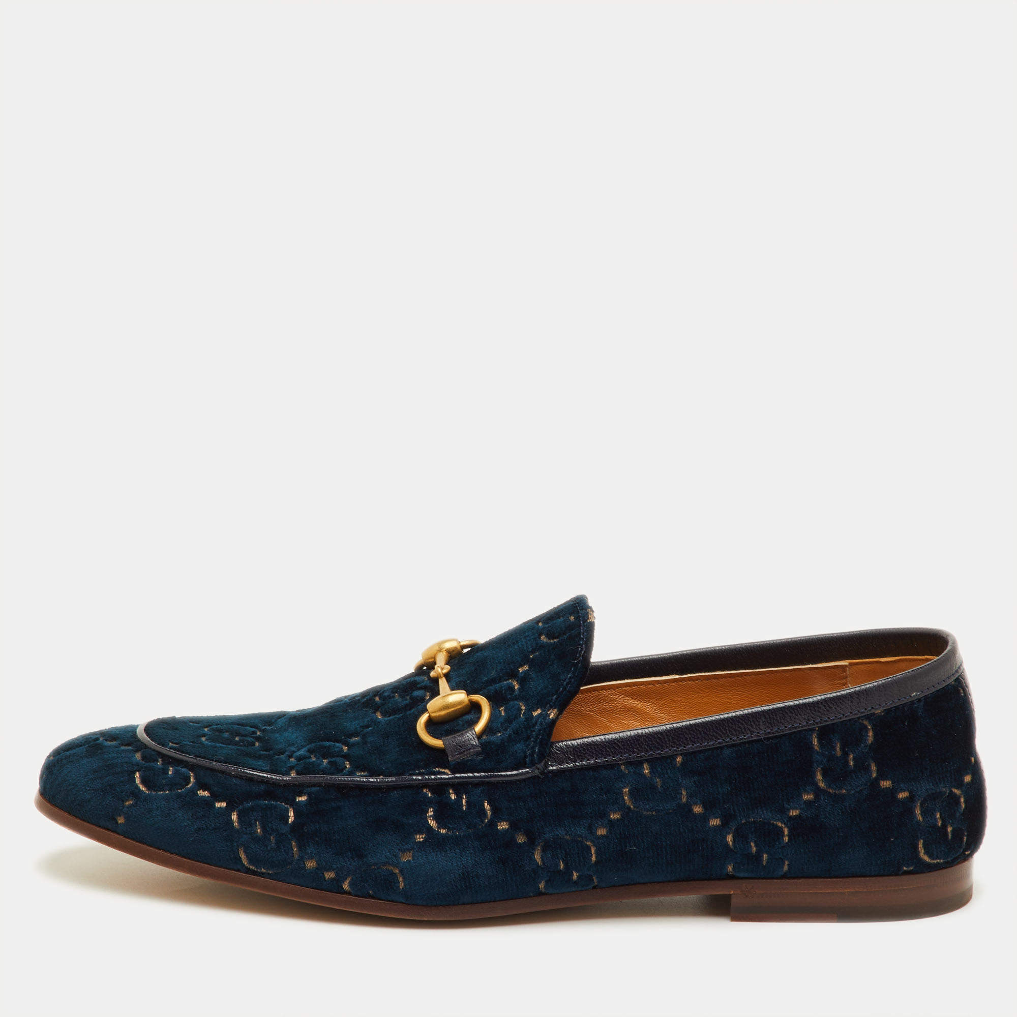 Pre Owned Gucci Horsebit Size 42 Navy Blue GG Velvet and Leather Slip On Loafers