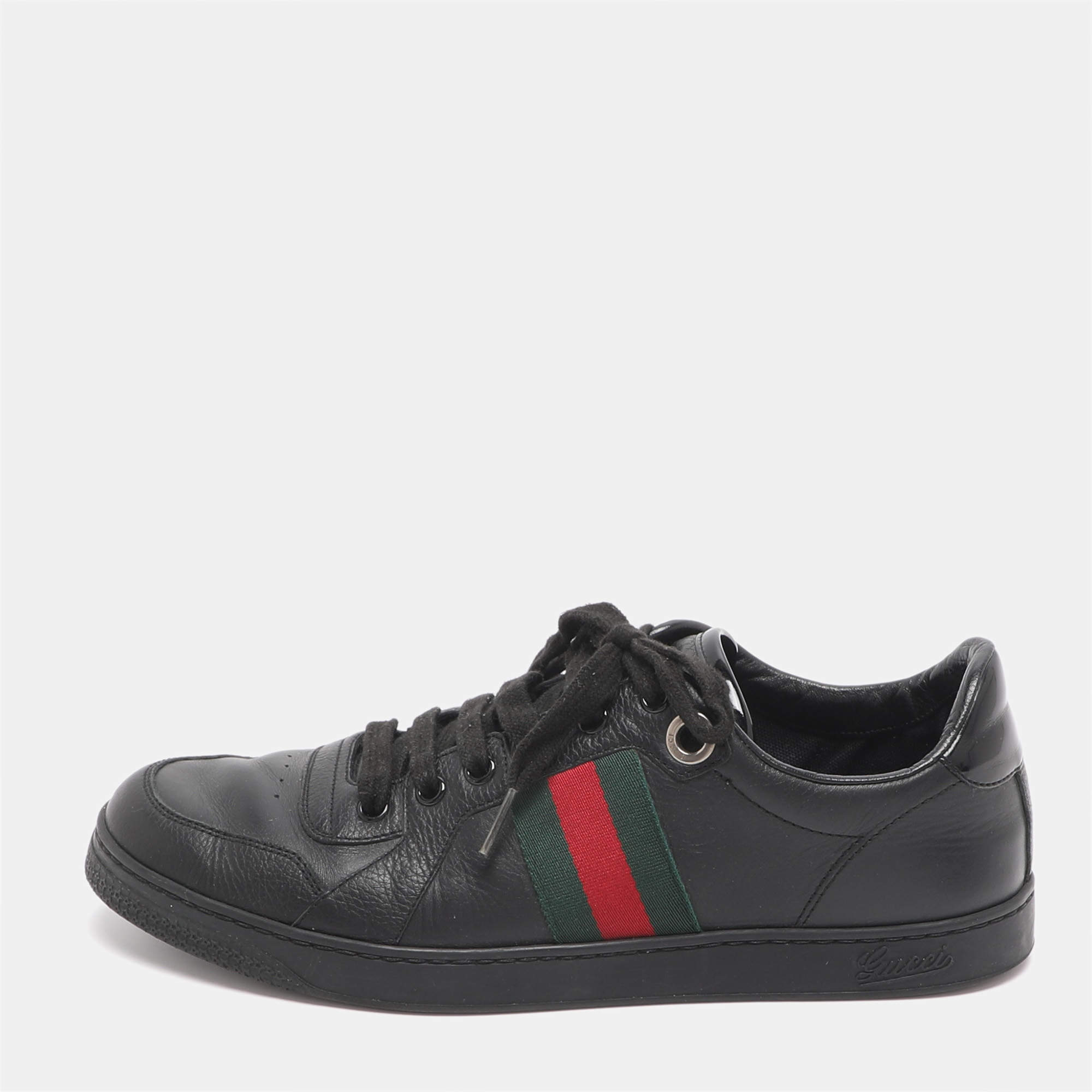 مملوكة مسبقًا Gucci Ace Web Stripe Size 41.5 Black Leather Low Top Sneakers