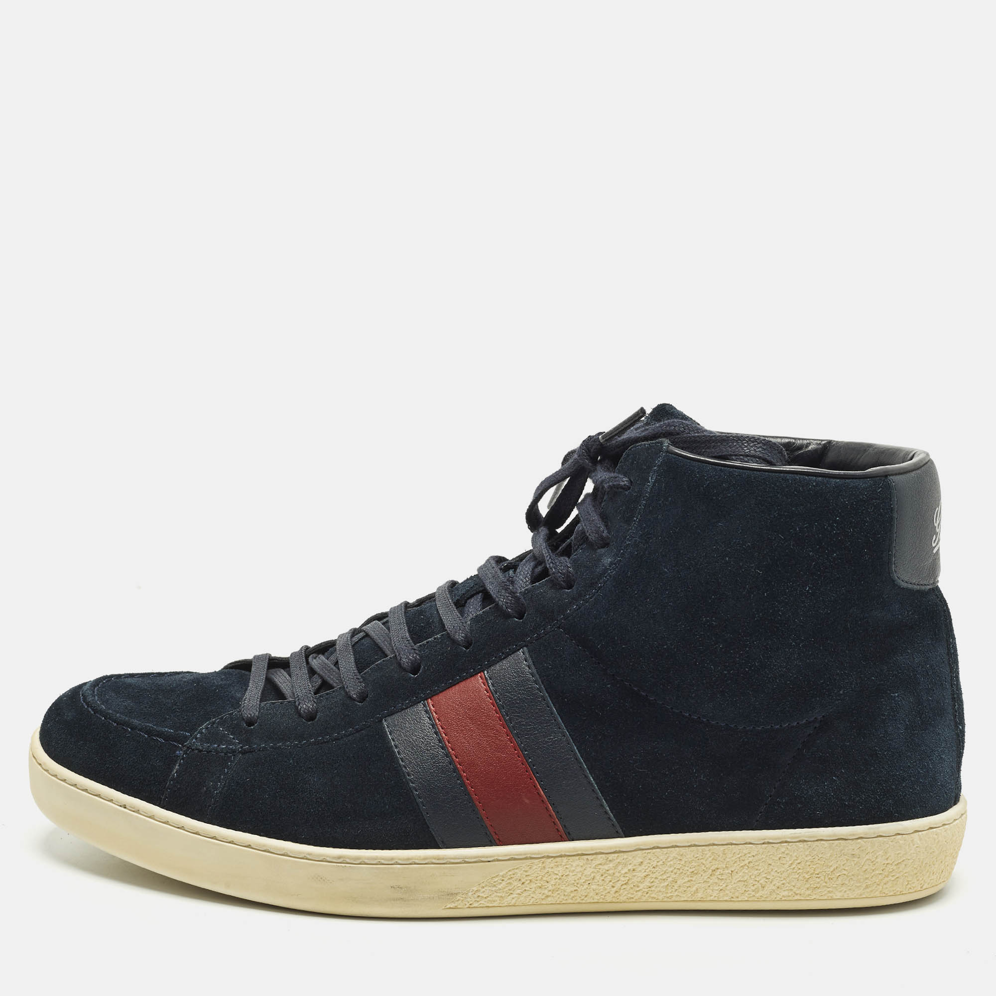 Pre Owned Gucci Web Size 44 Navy Blue Suede High Top Sneakers
