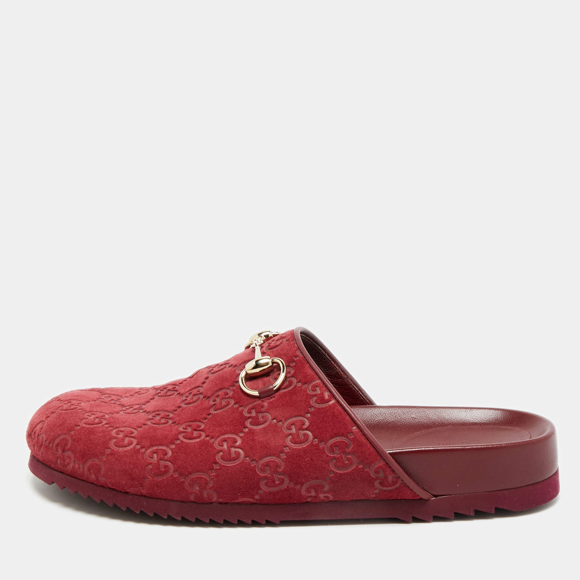 Pre Owned Gucci Horsebit Size 39 Burgundy GG Suede Flat Mules