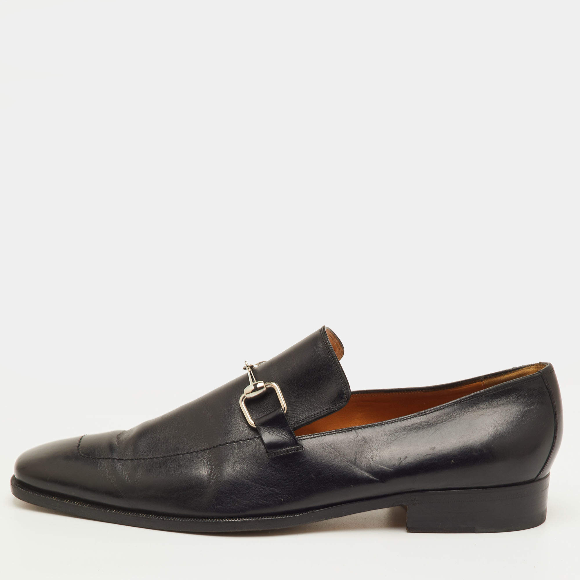 مملوكة مسبقًا Gucci Betis Glamour Size 44 Black Leather Horsebit Slip On Loafers