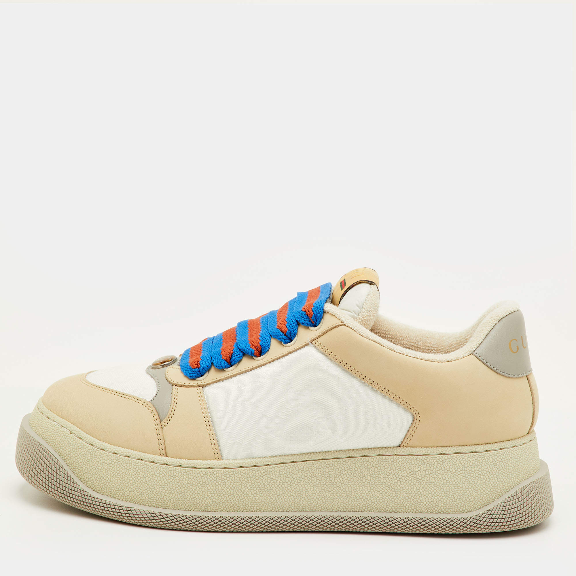 Pre Owned Gucci Screener Size 41.5 Cream/White Canvas and Nubuck Leather Low Top Sneakers