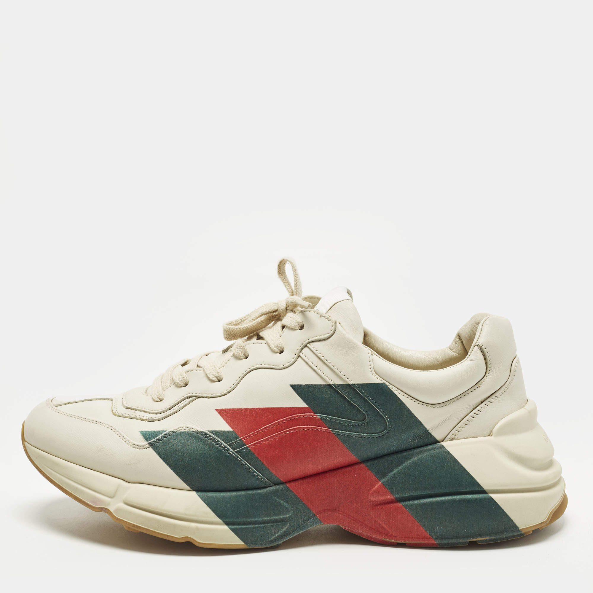 مملوكة مسبقًا Gucci Rhyton Size 45 Cream Leather Logo Print Lace Up Sneakers