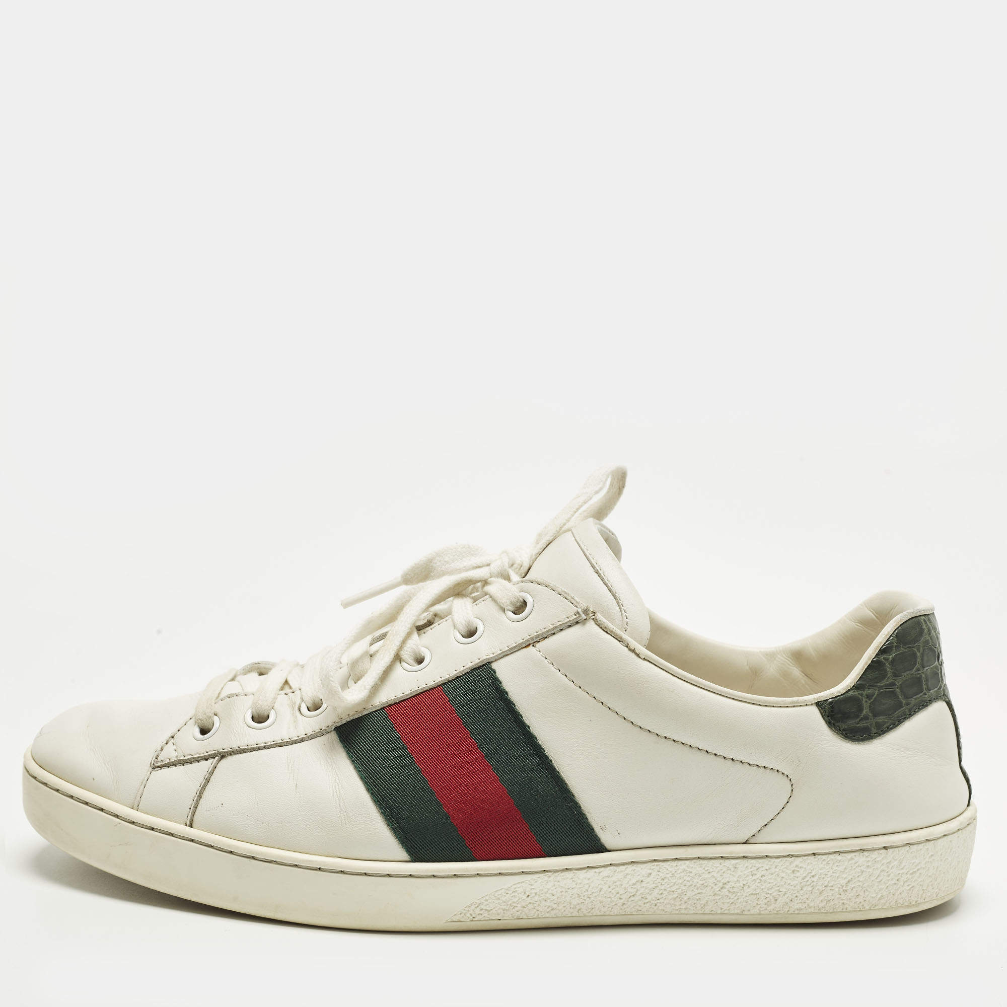 مملوكة مسبقًا Gucci Ace Size 44.5 White Crocodile Leather and Leather Web Low Top Sneakers