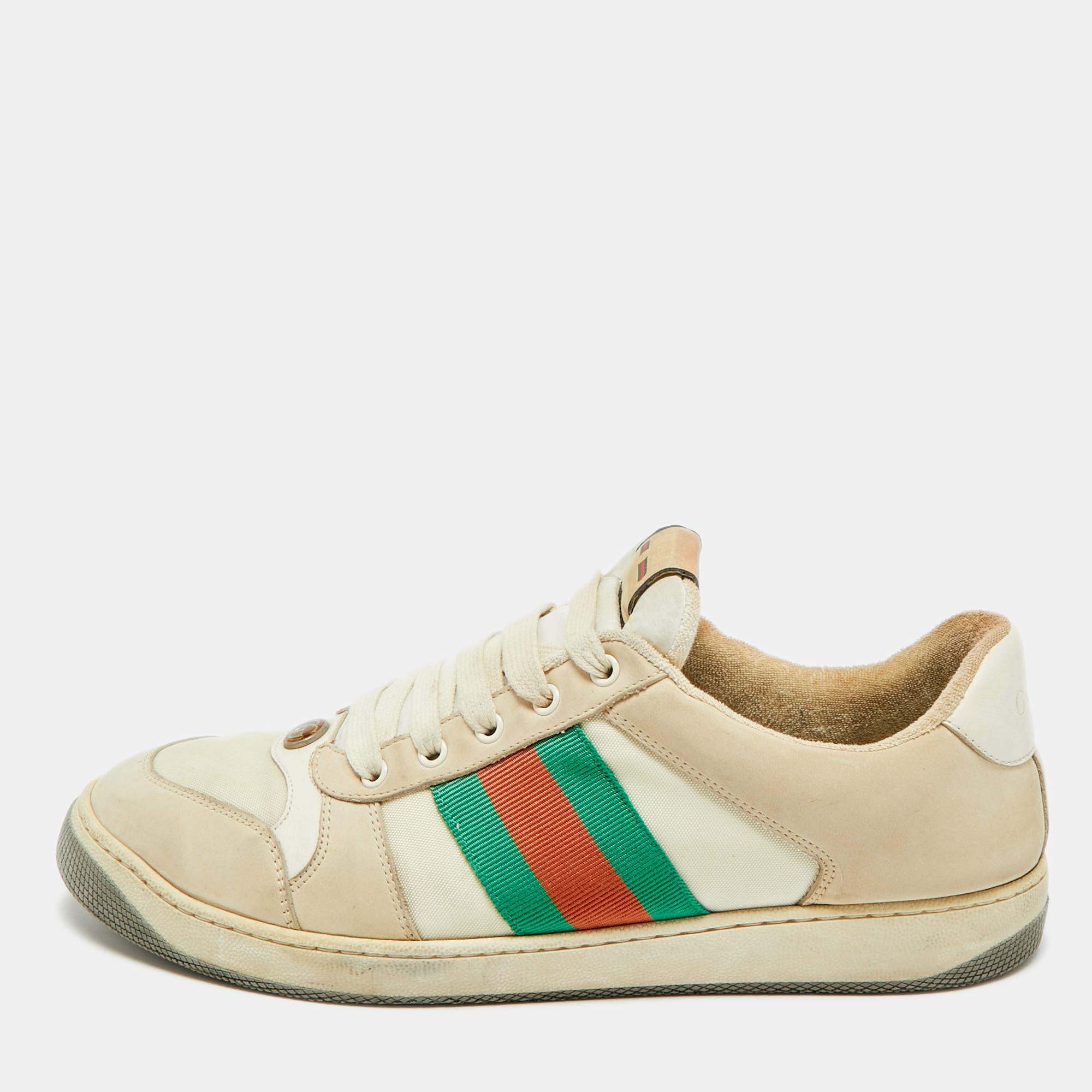 Pre Owned Gucci Screener Size 45 Beige Canvas and Nubuck Leather Web Low Top Sneakers