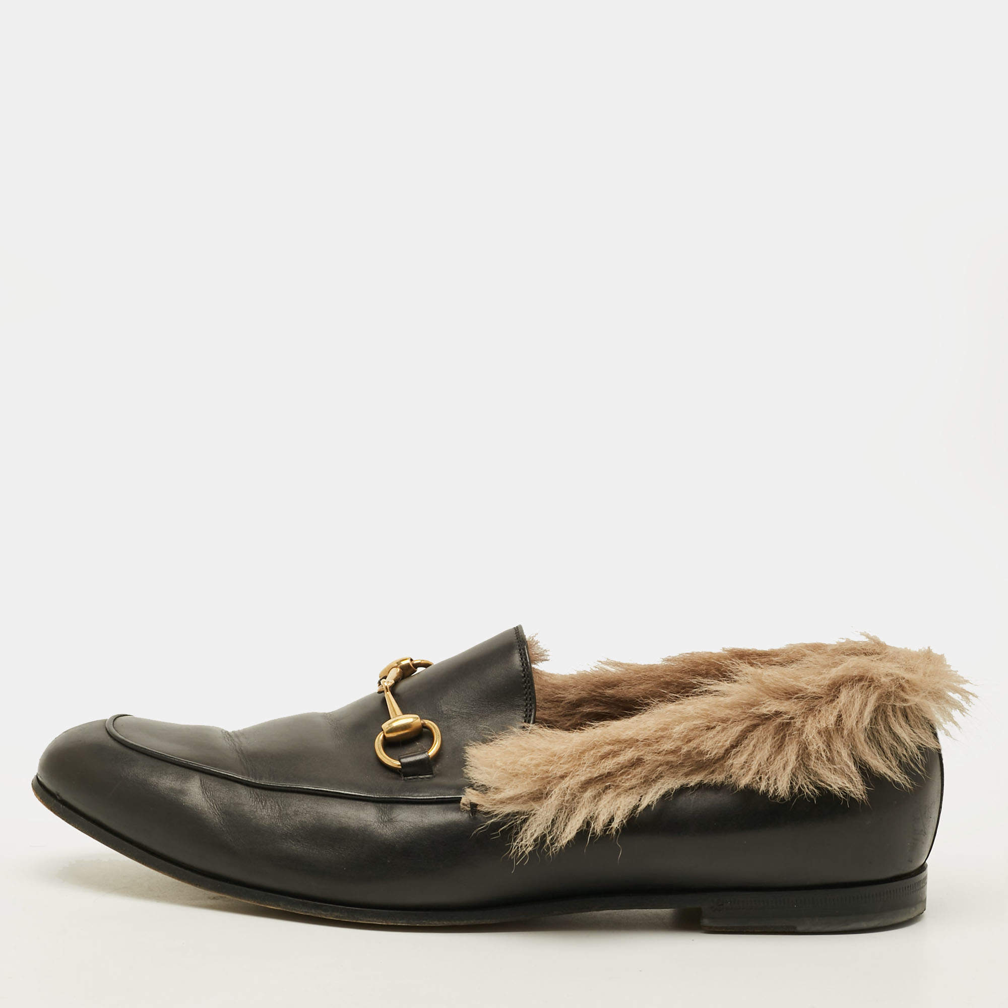 Pre Owned Gucci Princetown Size 44 Black Fur Leather Horsebit Slip On Loafers