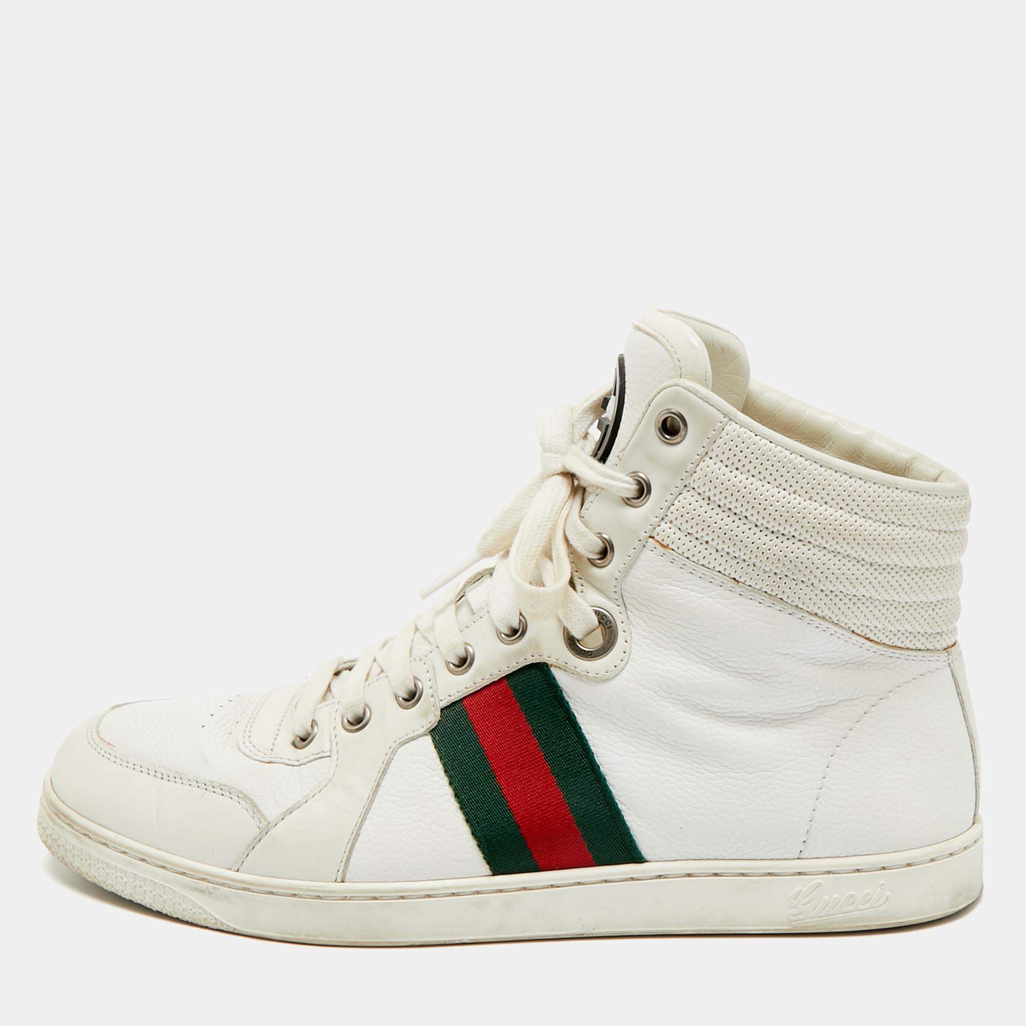 Pre Owned Gucci Vintage Web Detail Size 41 White Leather High Top Sneakers