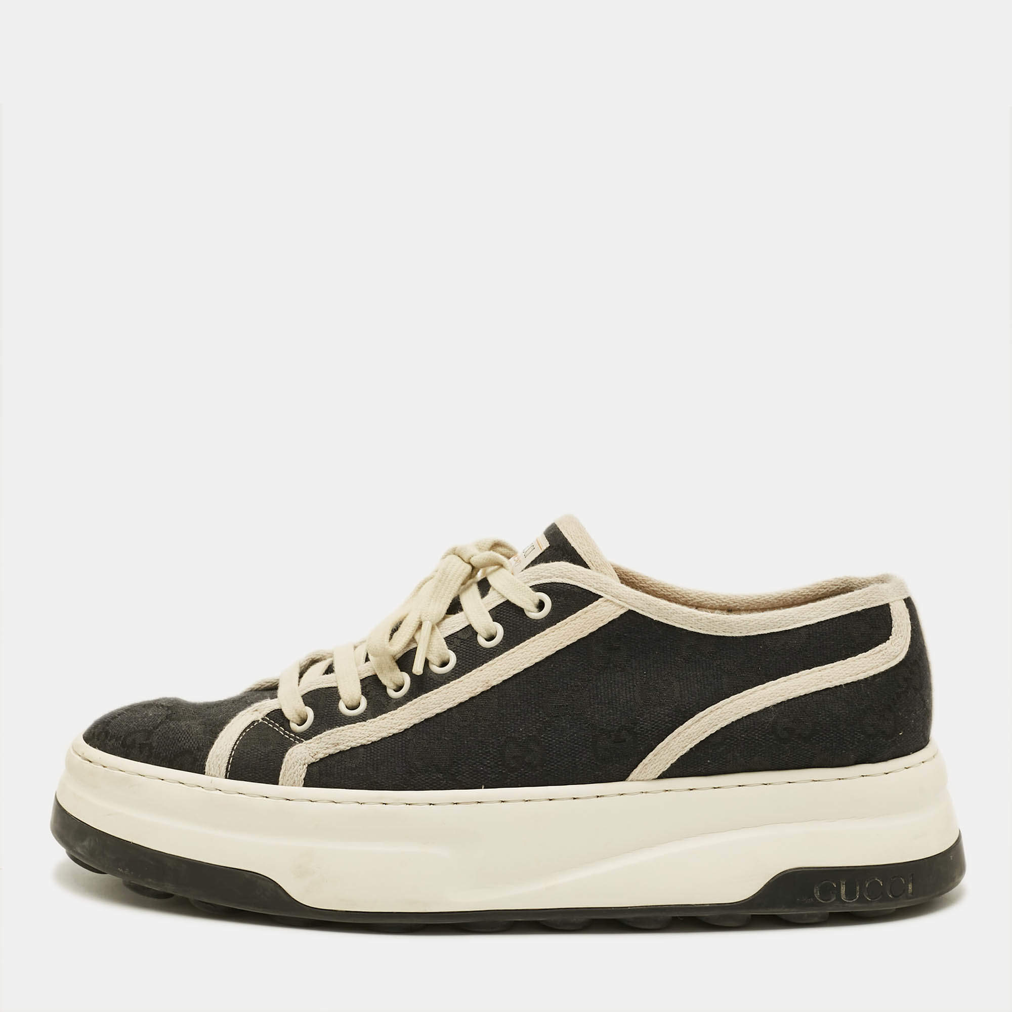 مملوكة مسبقًا Gucci Tennis 1977 Trek Size 44 Black GG Canvas Low Top Sneakers