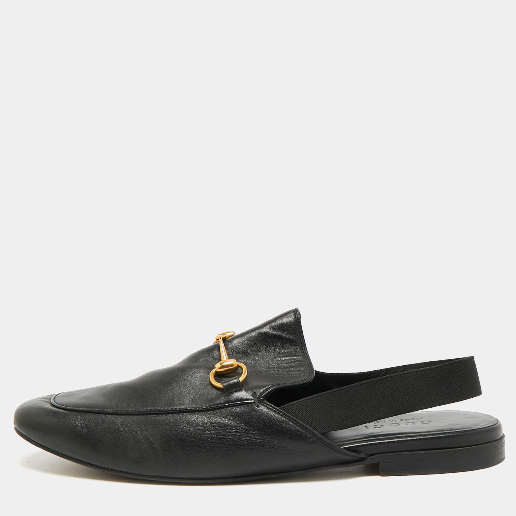 Pre Owned Gucci Horsebit Size 43.5 Black Leather Slingback Mules