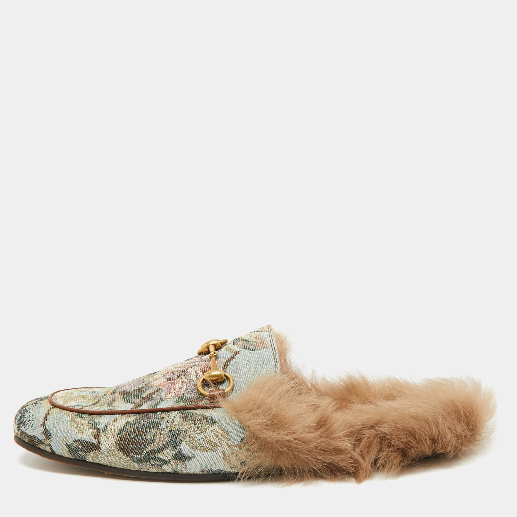 Pre Owned Gucci Princetown Size 43 Multicolor Canvas and Fur Mules