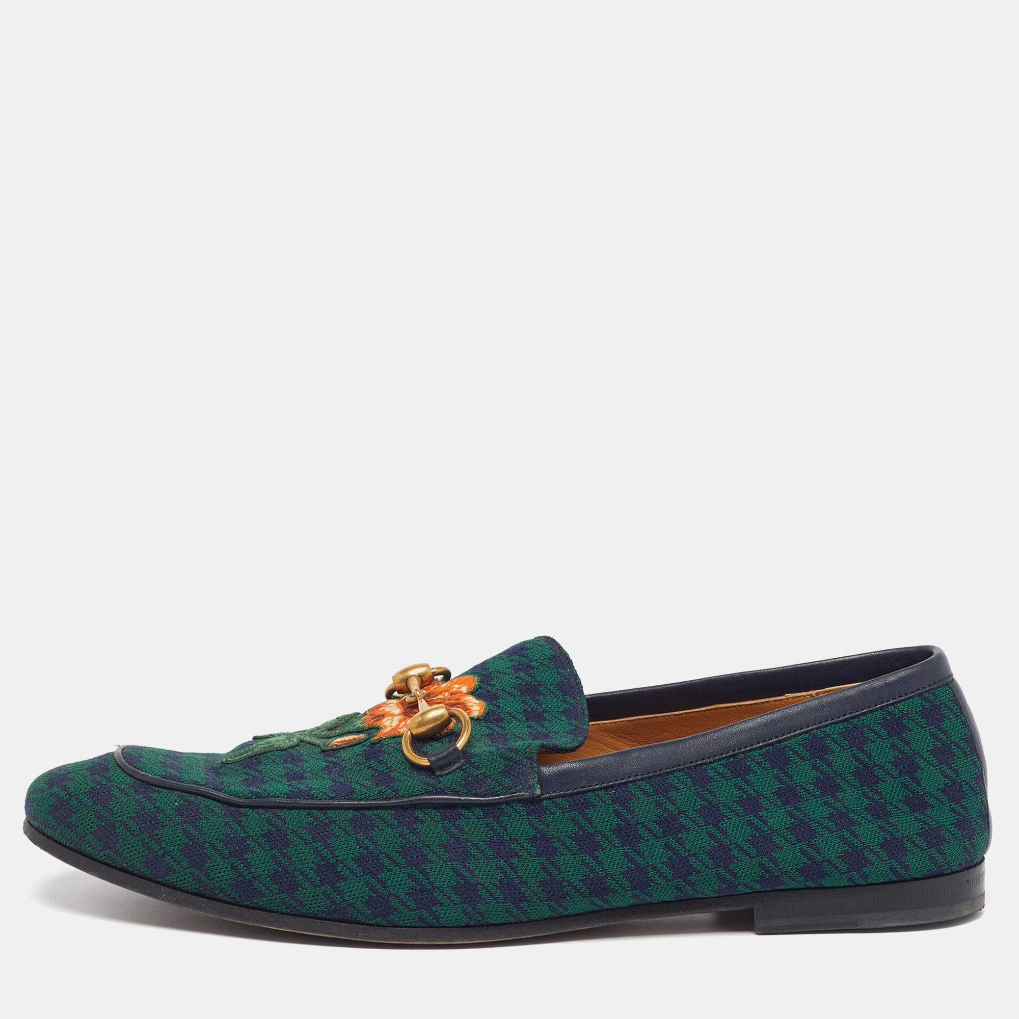 مملوكة مسبقًا Gucci Horsebit Size 44 Green/Navy Blue Knit Fabric Flora Embroidered Loafers