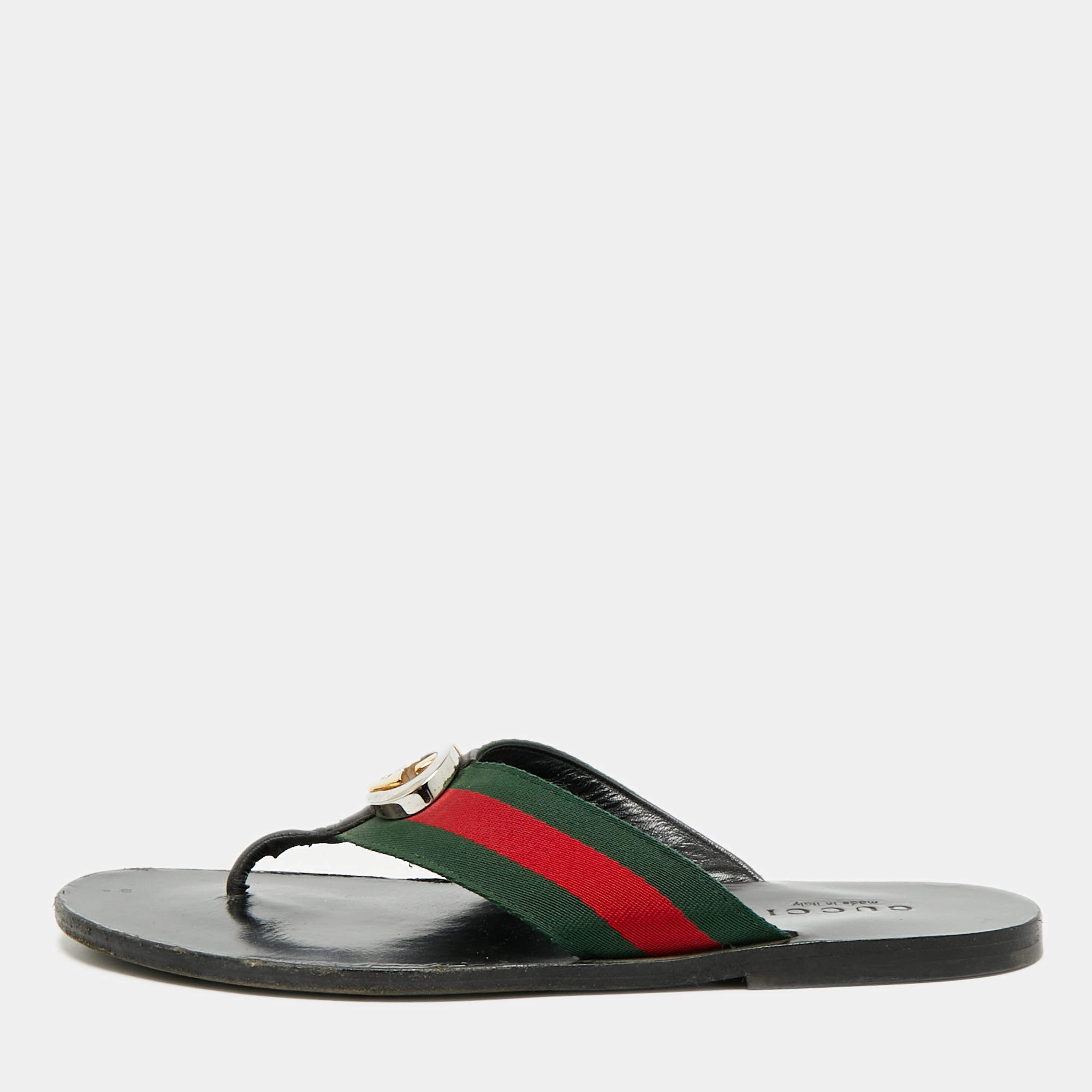 مملوكة مسبقًا Gucci Size 43 Black Leather GG Web Thong Flat Slides 