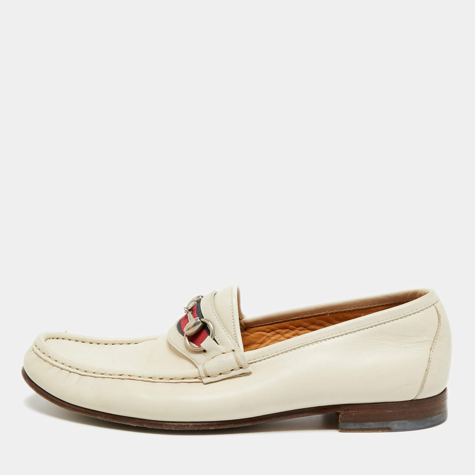 Pre Owned Gucci Web Horsebit Size 42.5 Cream Leather Loafers