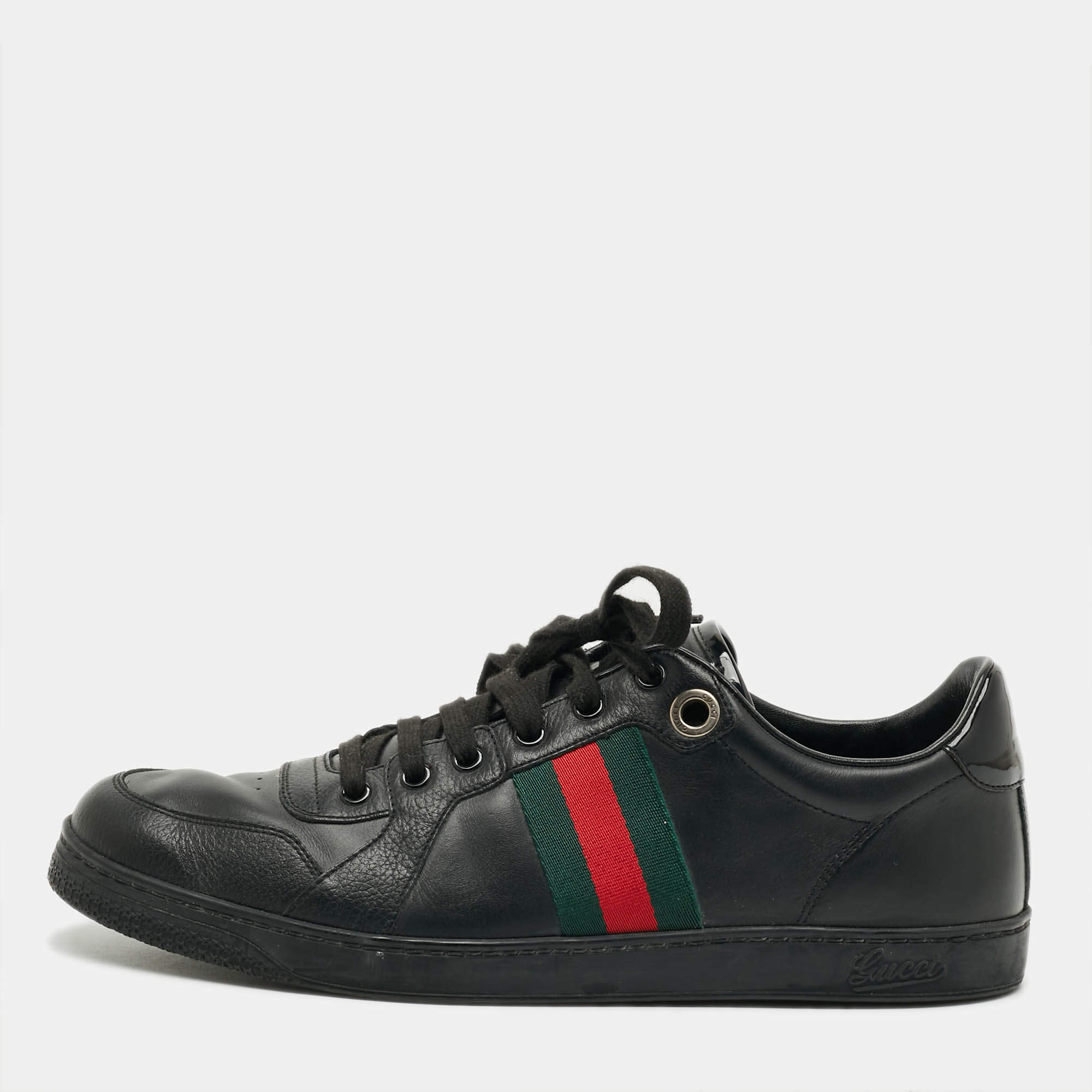 Pre Owned Gucci Size 43.5 Black Leather Web Lace Up Sneakers
