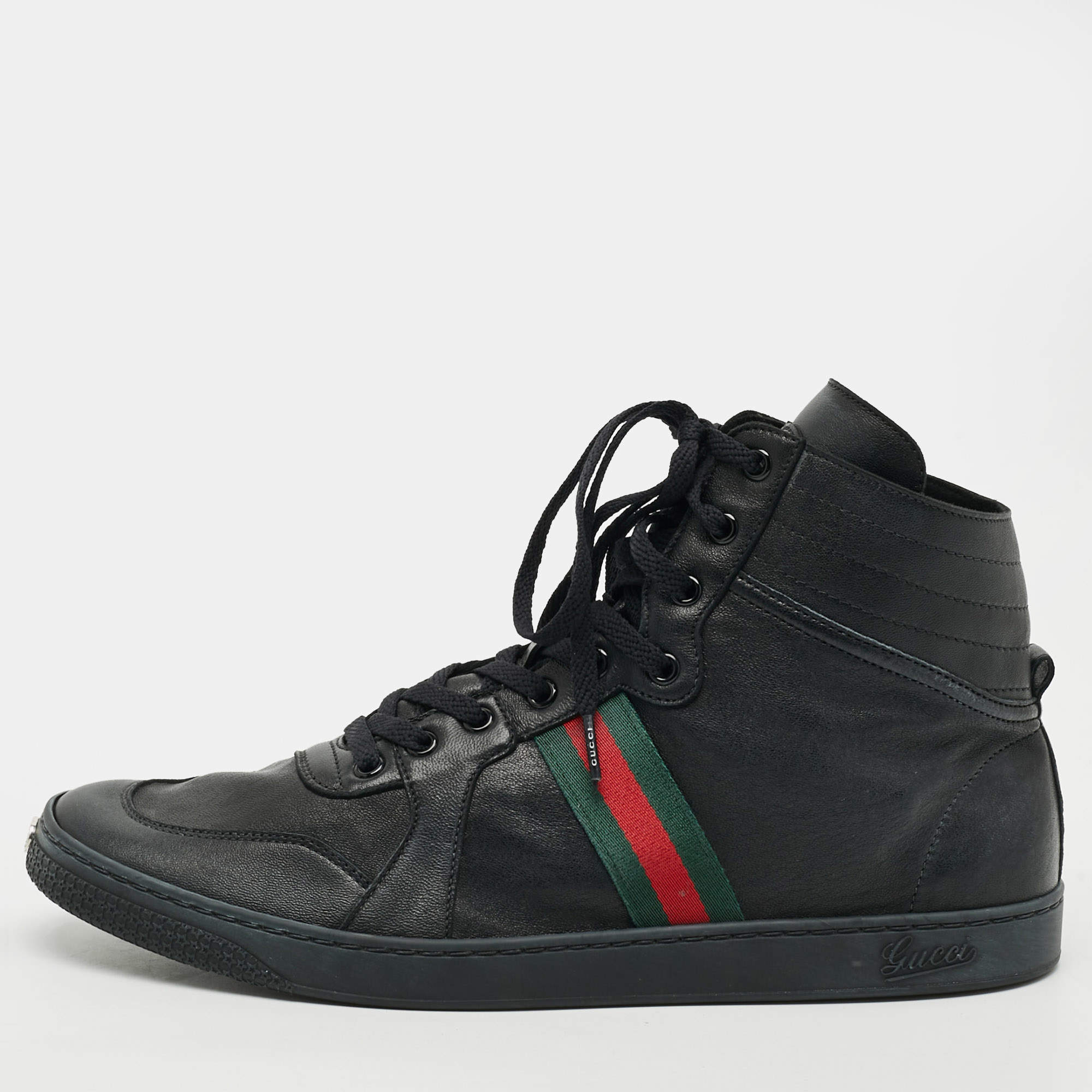 مملوكة مسبقًا Gucci Size 46 Black Leather Web Detail High Top Sneakers