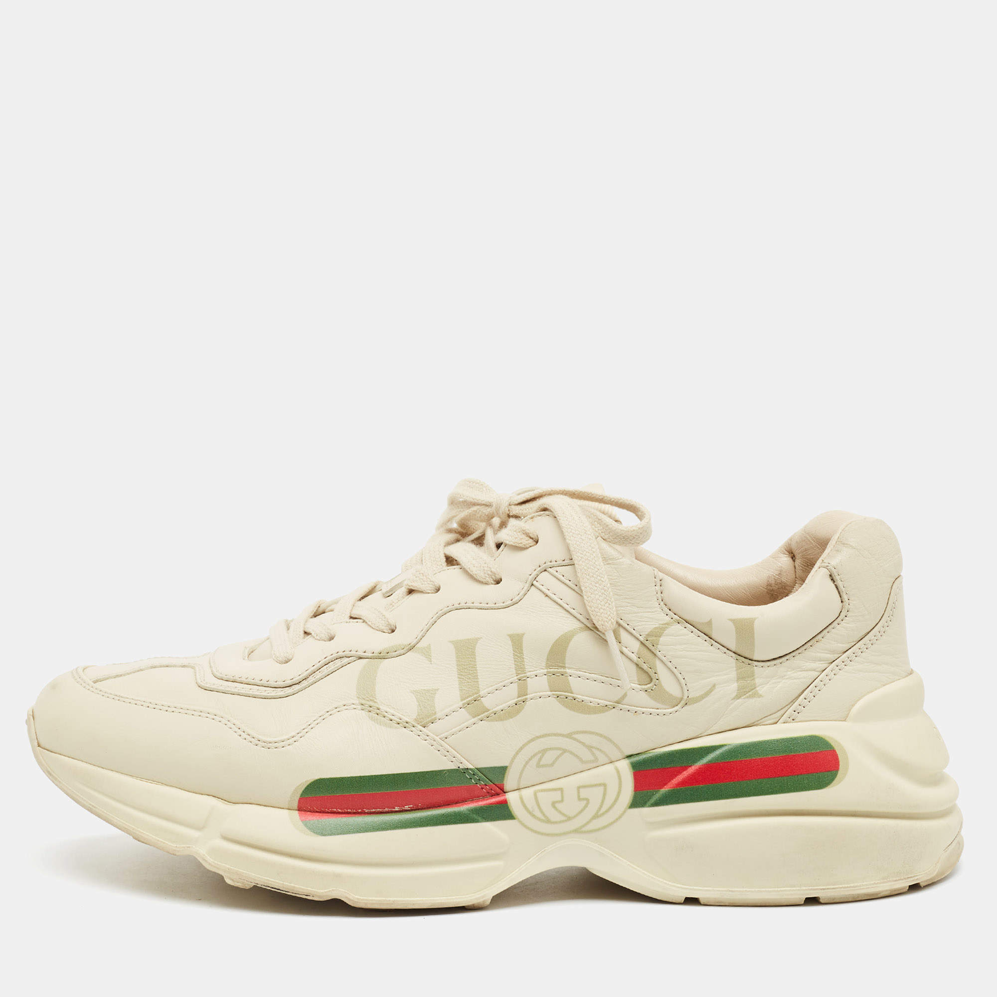 Pre Owned Gucci Rhyton Size 43 Cream Leather Lace Up Sneakers