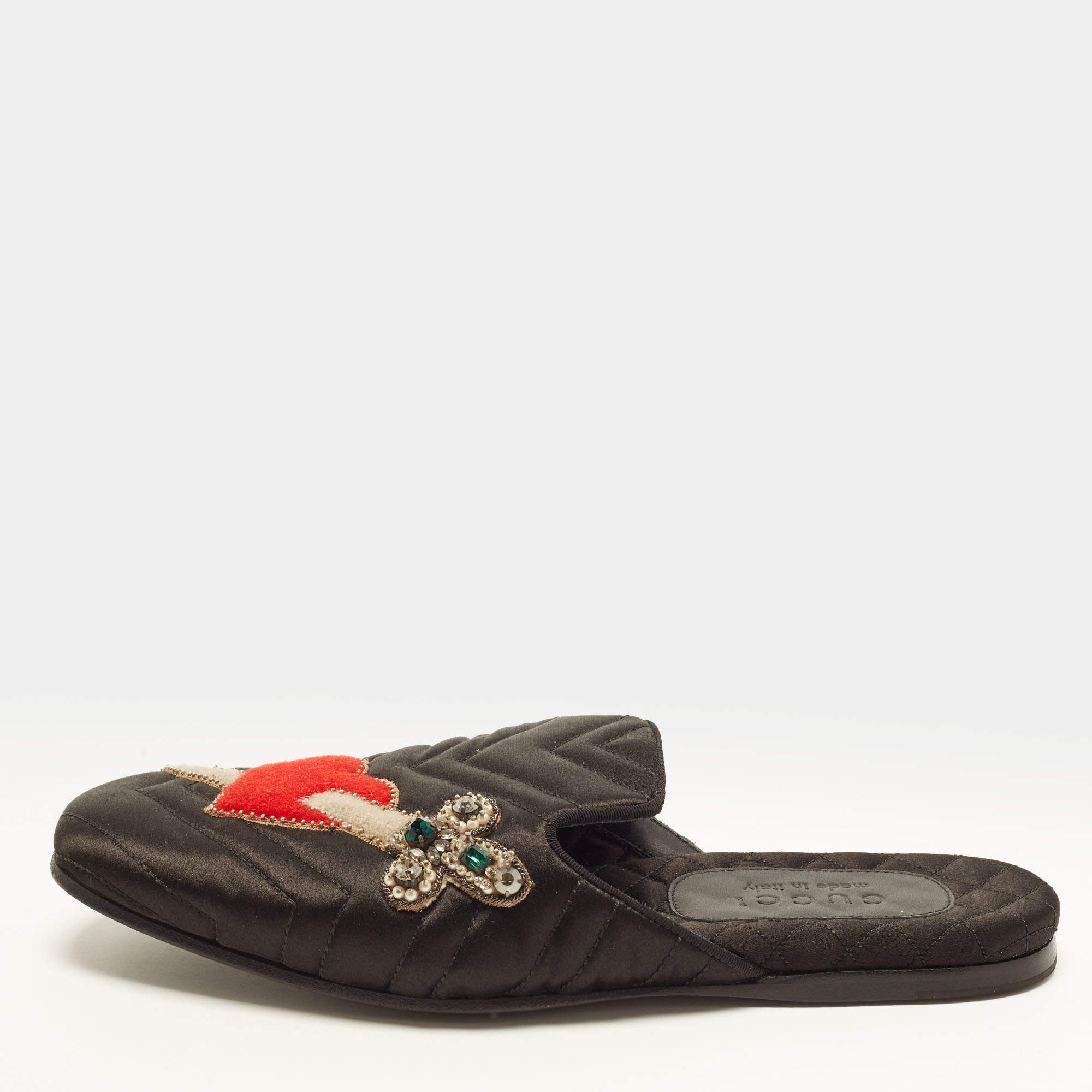 Pre Owned Gucci Size 40 Black Quilted Satin Heart and Dagger Flat Mules