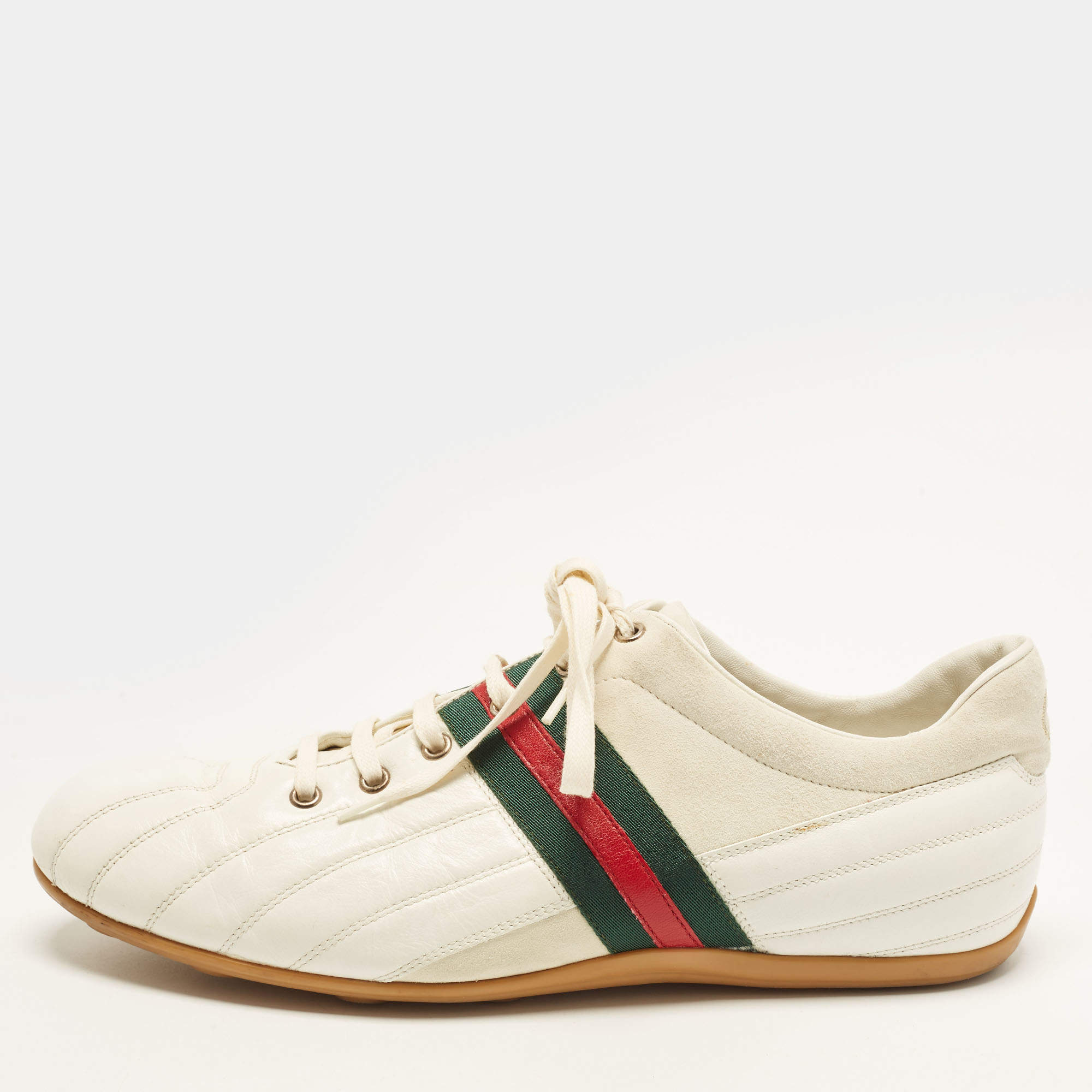 Pre Owned Gucci Trainers Size 43.5 White Leather and Suede Web Lace Up Sneakers