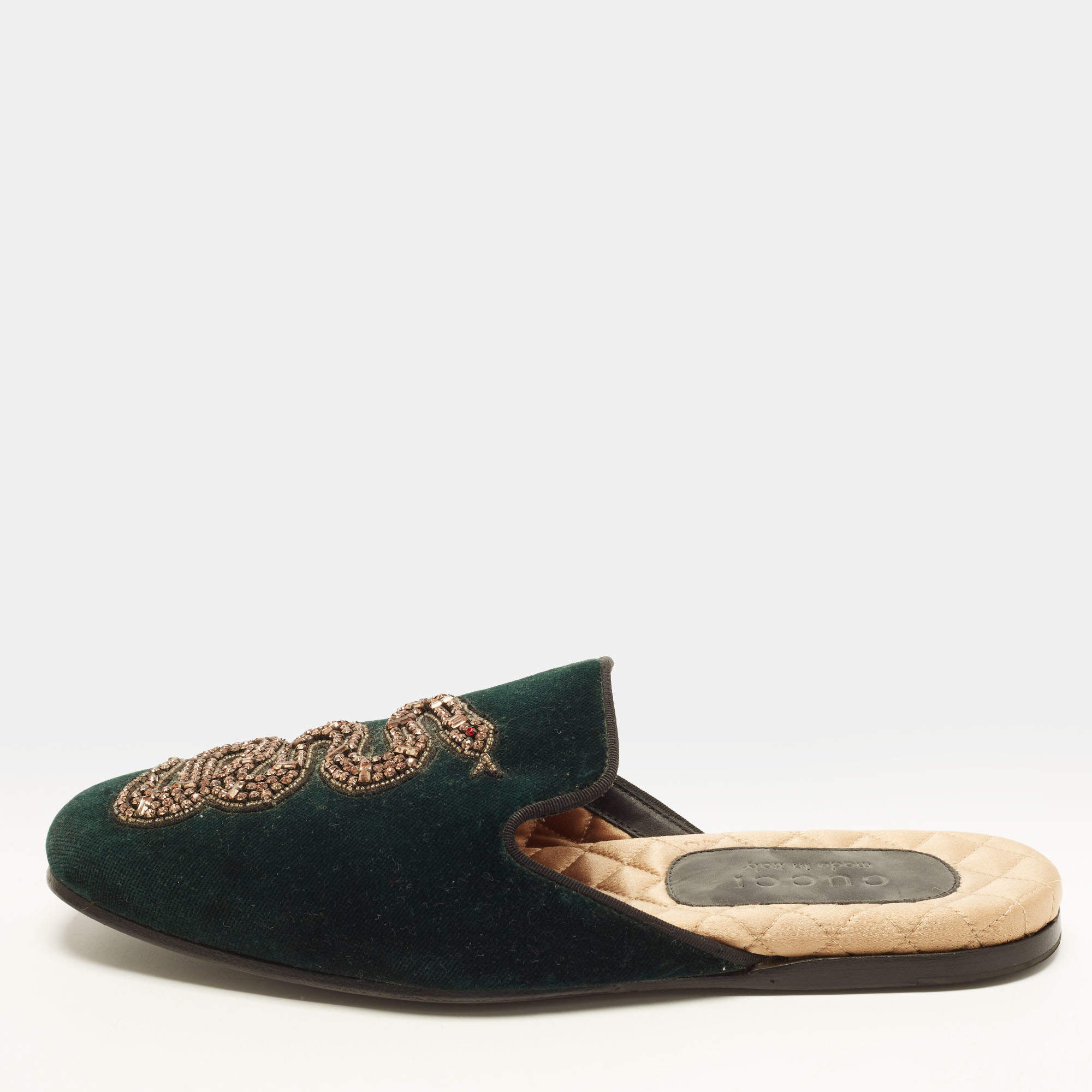 Pre Owned Gucci Lawrence Size 40 Dark Green Velvet Snake Crystal Embellished Flat Mules