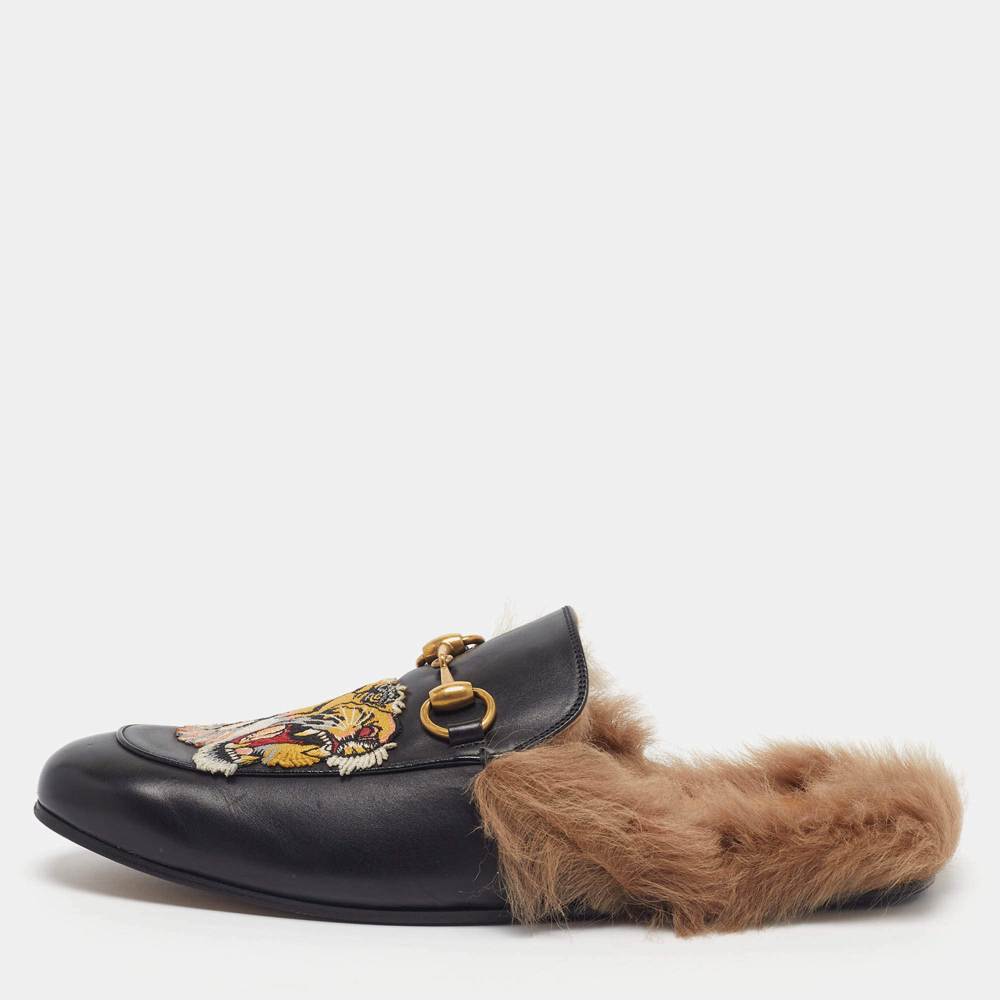 Pre Owned Gucci Princetown Size 40 Black Fur and Leather Mules